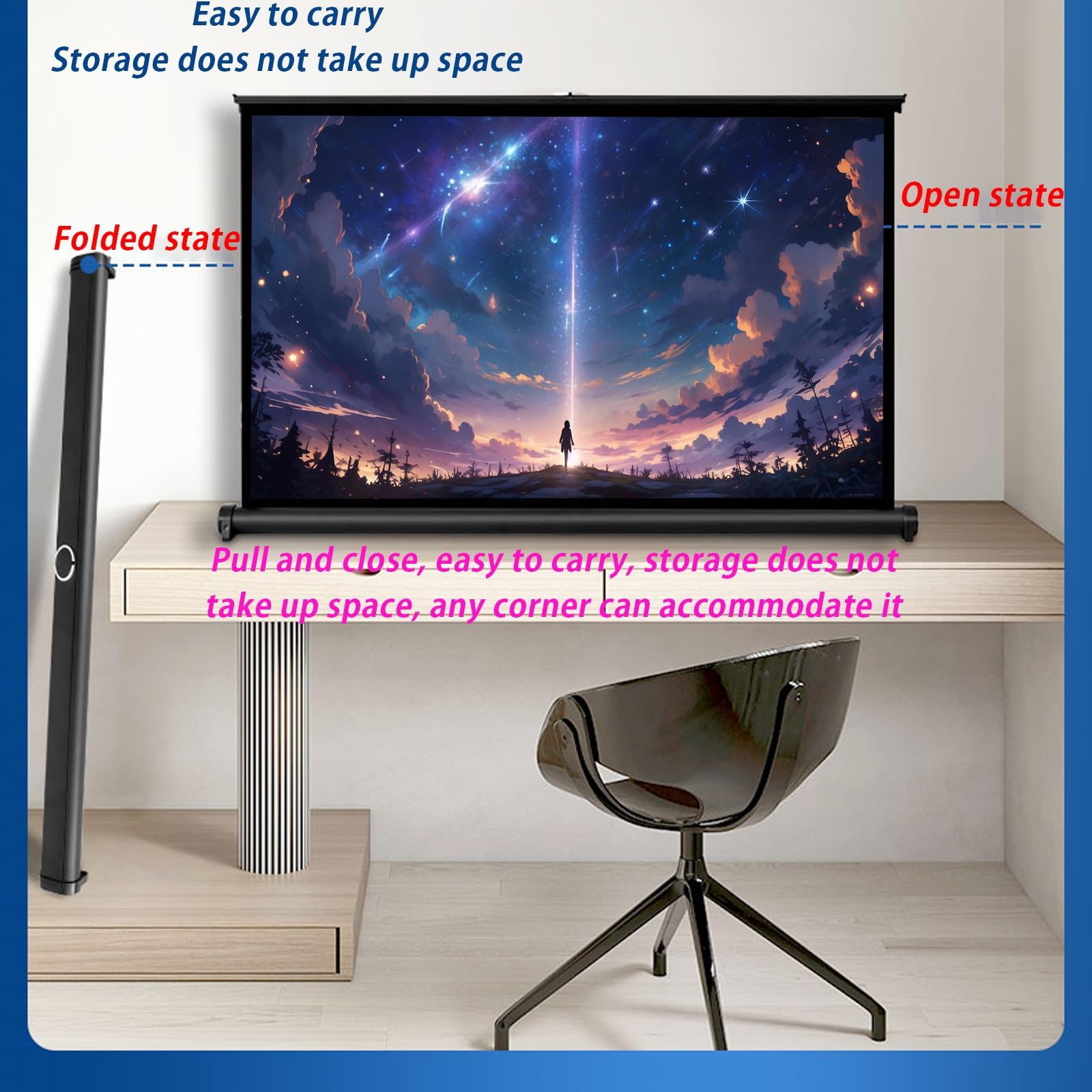 Schermo Del Proiettore Retrattile Manuale, Schermo Di Proiezione HD 4K, Schermo Di Proiezione per Ufficio, Adatto per Campeggio, Ufficio, Home Theater, Schermo per Proiettore Da Pavimento(50"16:9)