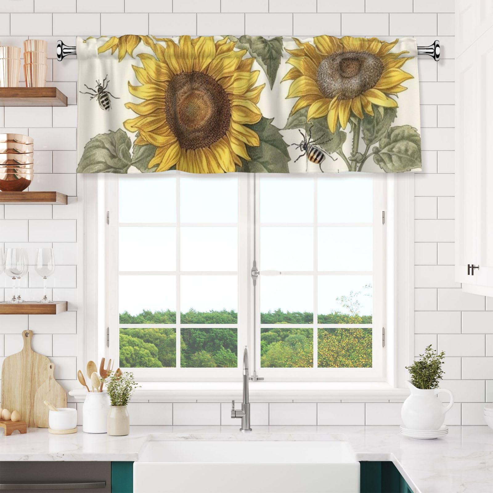 NONHAI Sunflowers and Insects Valances for Windows Short Curtains Rod Pocket Cafe Window Treatments Valance Curtains for Kitchen Bathroom Laundry Basement Windows 54x18inch Blackout Window Valance