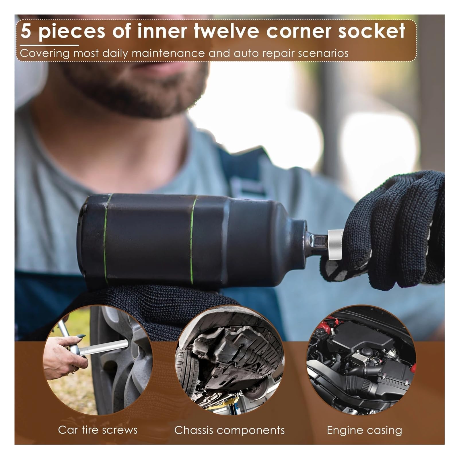 Juego de 5 enchufes de impacto extra profundo de 3/8 pulgadas para herramientas de reparación de pernos de rueda de coche hexagonales de acero CR-V de 0,31 a 0,55 pulgadas (Hexagon)