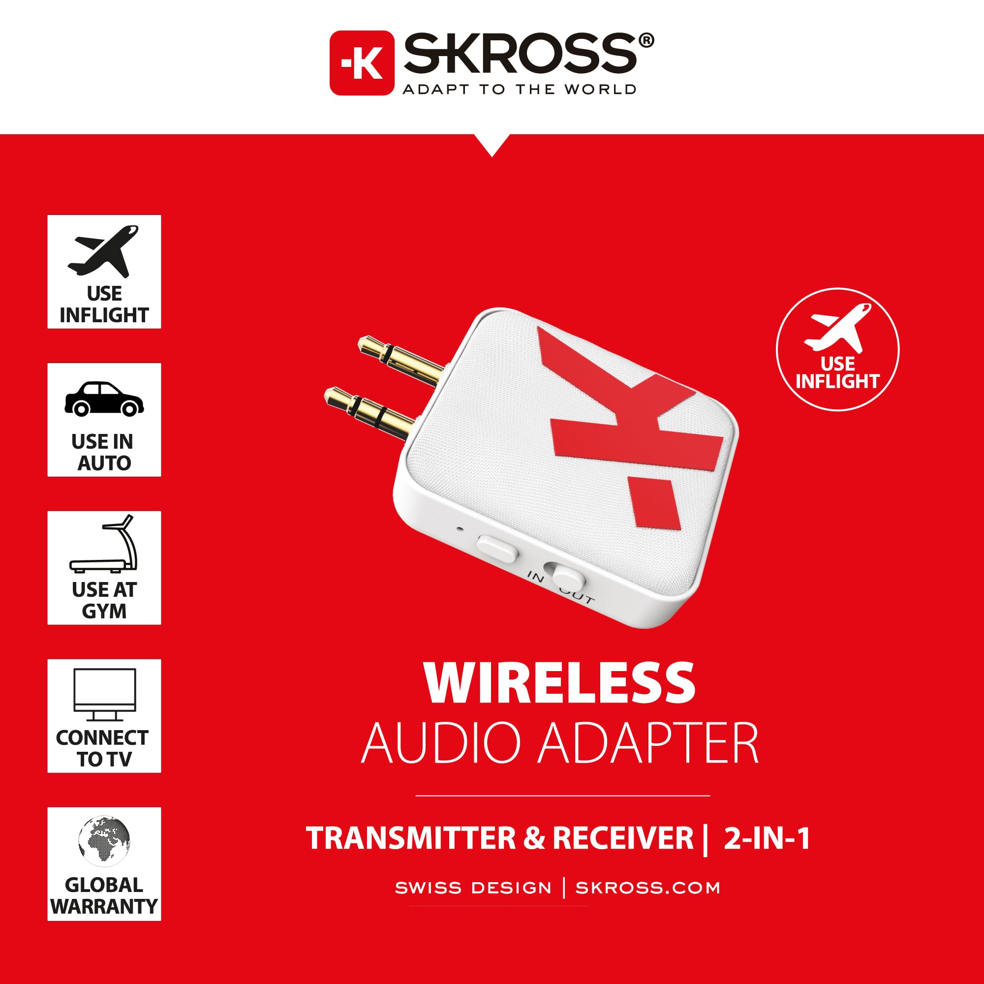 SKROSS - Adaptateur Audio sans Fil - Connecte des écouteurs aux Divertissements en Vol, à la Télévision, aux Ordinateurs, aux Voitures, aux Machines de Gym - Autonomie de 20 Heures - Portée de 10 MT.