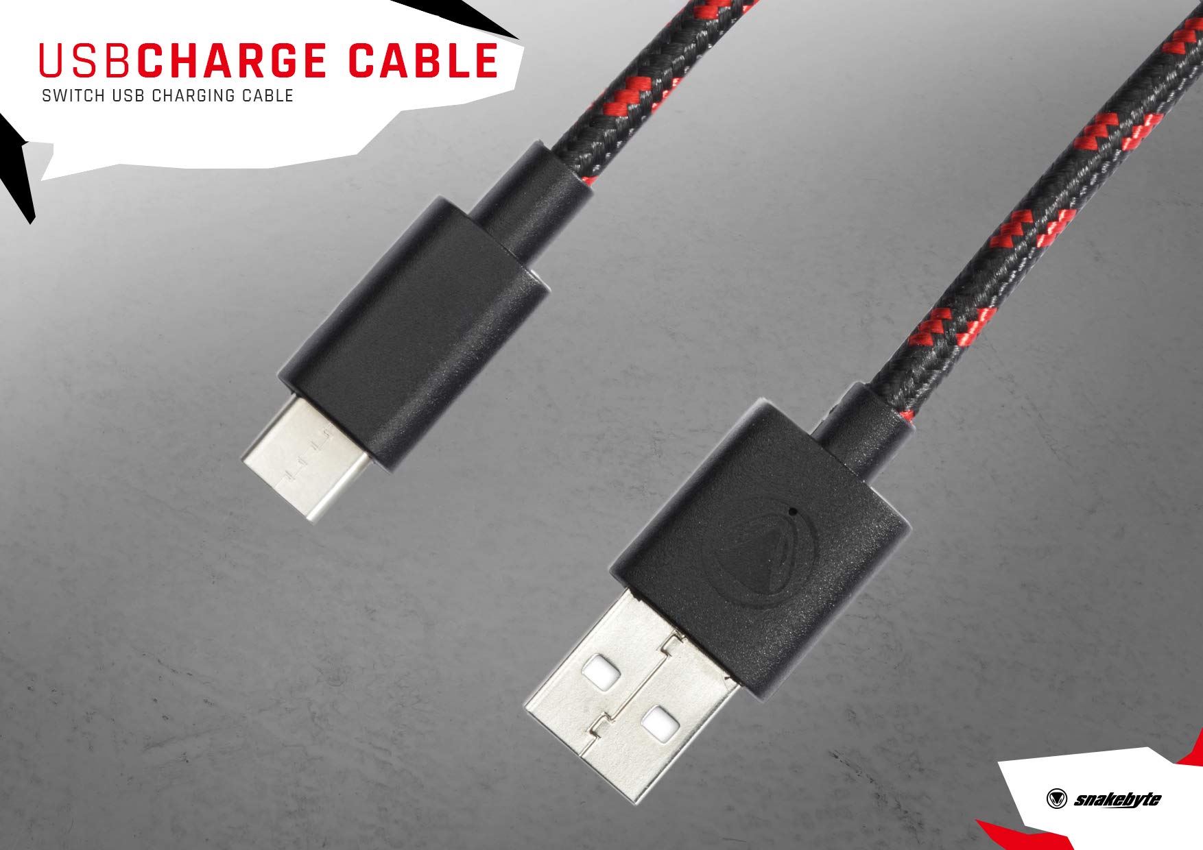 snakebyte Switch USB CHARGE:CABLE - rot/schwarz - 3m Kabellänge, USB Type-C Ladekabel für Nintendo Switch, Smartphones, Controller und Gamepads, robustes Mesh-Kabel