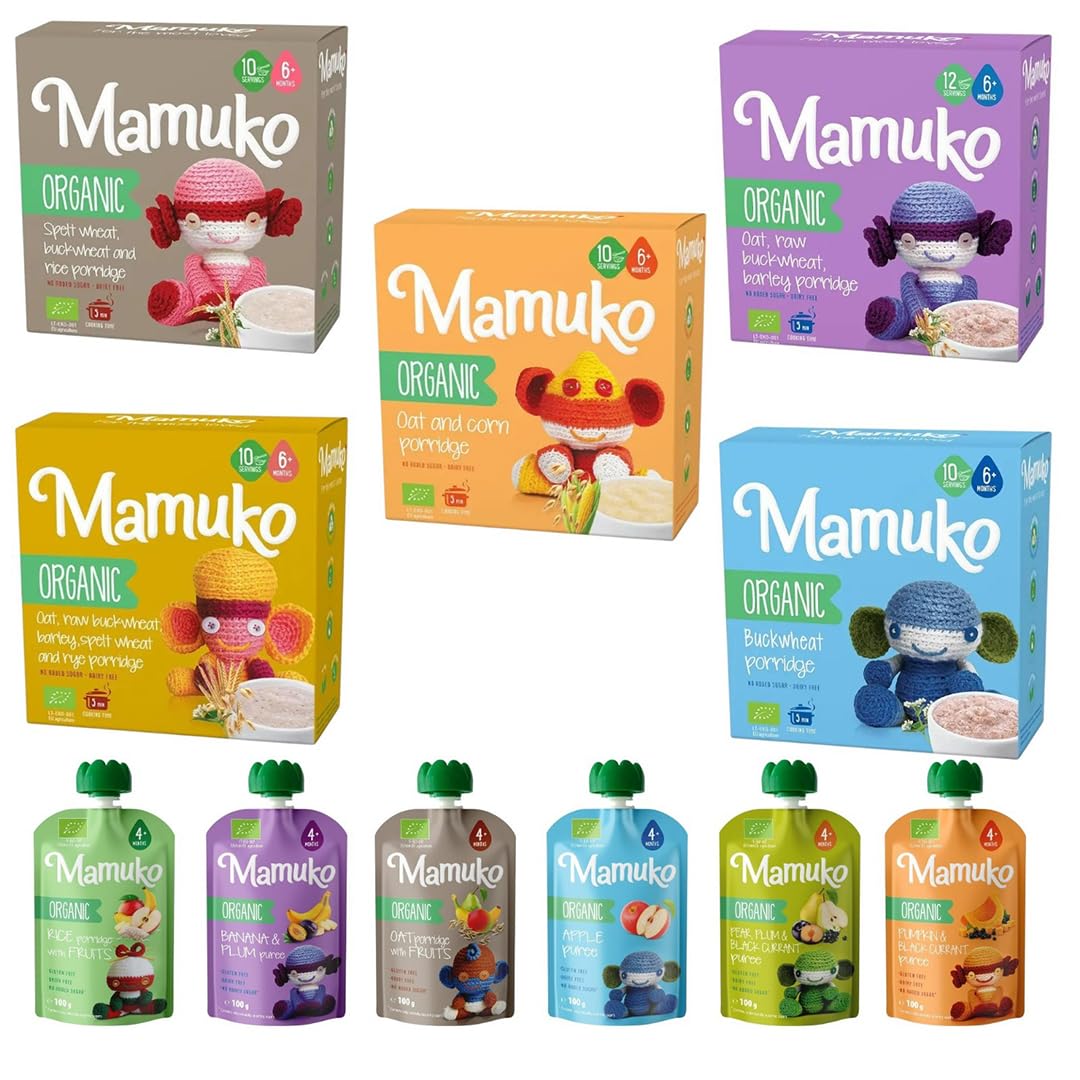 MAMUKO Organic Porridges 5 Pack with 10 Fruit Purees - Healthy cereal made from whole grains supports gentle growth - Organic fruit puree adds natural flavor - Enjoy gluten free pasta for easy meals - 11 Variety Pack - Image 1 of 5