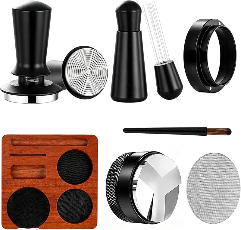 Kit de accesorios para espresso de 54 mm, juego de 7 piezas de prensador de café con estación de apisonamiento de madera, prensador, herramienta WDT, distribuidor, pantalla de disco y embudo dosificador, kit de herramientas para espresso compatible con portafiltro de espresso de 54 mm