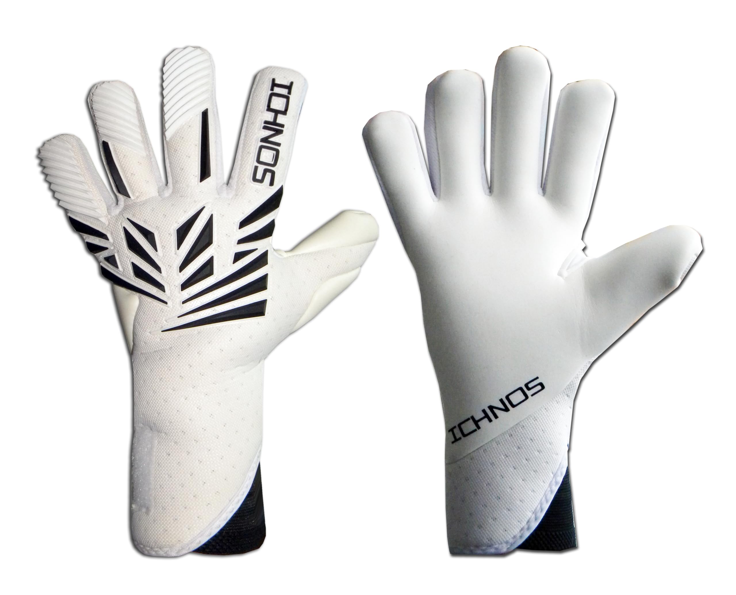 ICHNOS Hakone Football Goalkeeper Gloves - Elite Grip - Negative Cut, Removable Strap, White/Black (9)