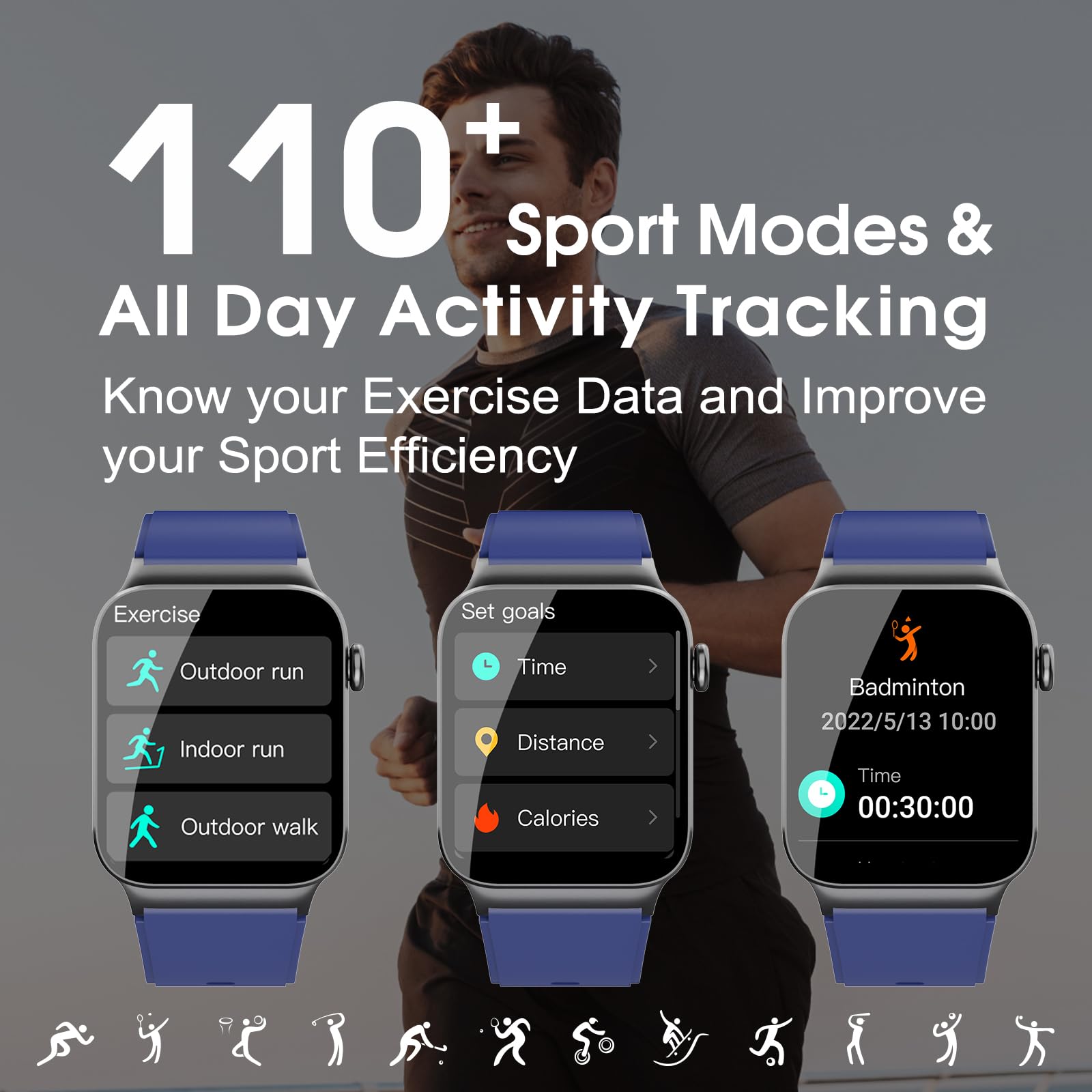 Smart Watch for Men Women Bluetooth Call, 1.85" HD Screen Smartwatch with Heart Rate/Sleep Monitor, 110+ Sport Modes Activity Trackers IP68 Waterproof, Fitness Watch for Android iOS, Black