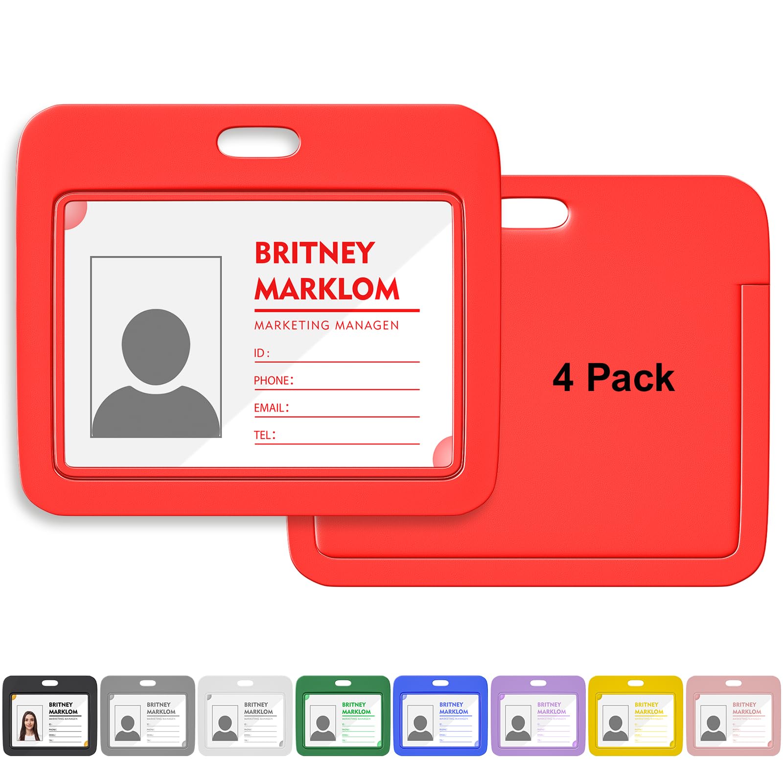 Horizontal Sliding ID Badge Holder with Clear Window Black ID Card Protector Pouch for Office School (Red, 4 Pack)