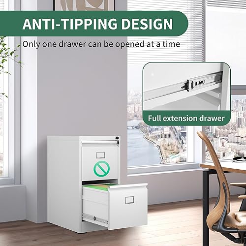 Miniatura 4 de Archivador de 2 cajones, archivadores verticales de metal con cerradura, archivador de acero de oficina para colgar cartaslegalA4 (blanco)