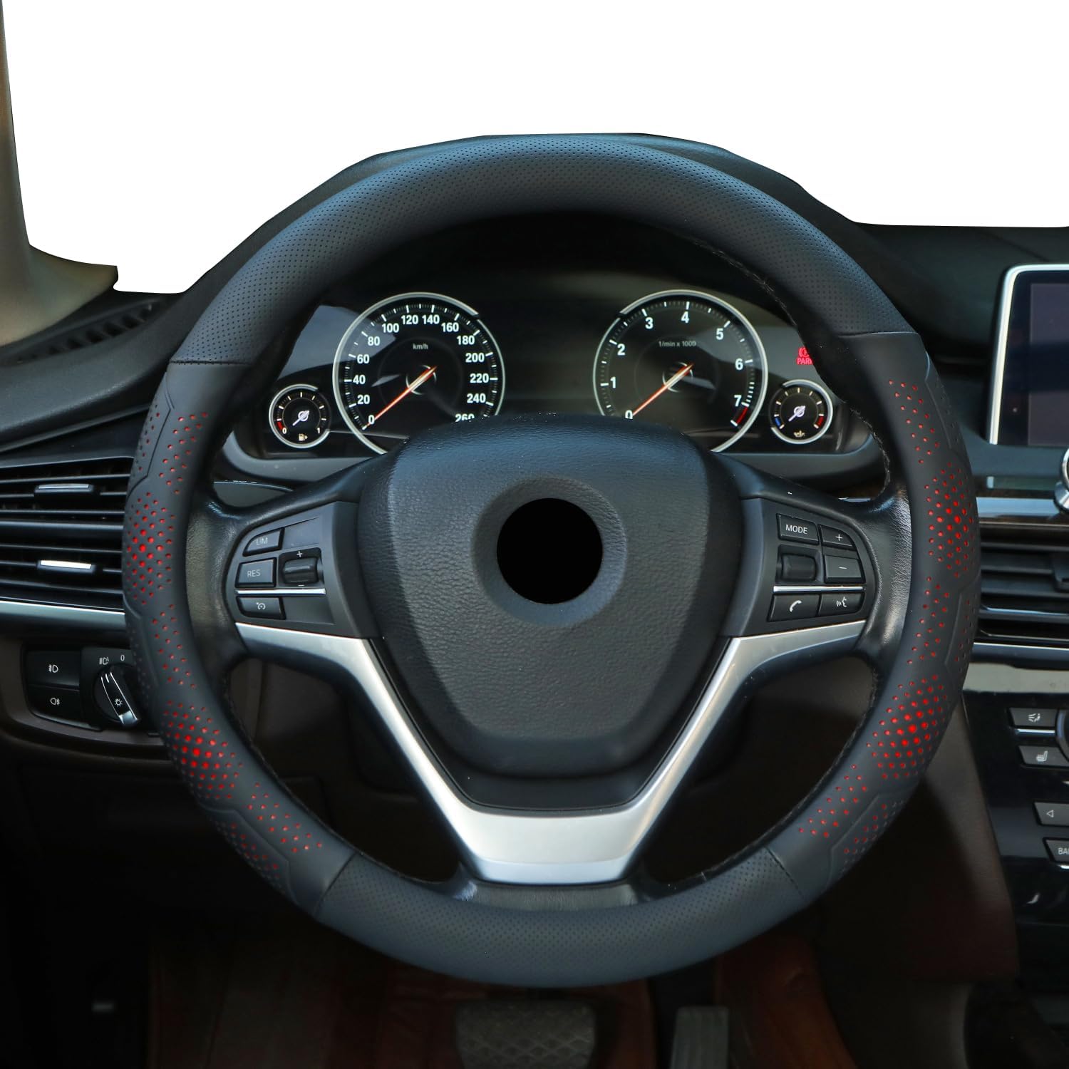 Leather Steering Wheel Cover for Dodge Ram 1500 2500 3500/ for Ford F150 F250 F350/ for Toyota Tacoma 4Runner Tundra, 15.5-16 Inches Car Steering Wheel Cover, Red