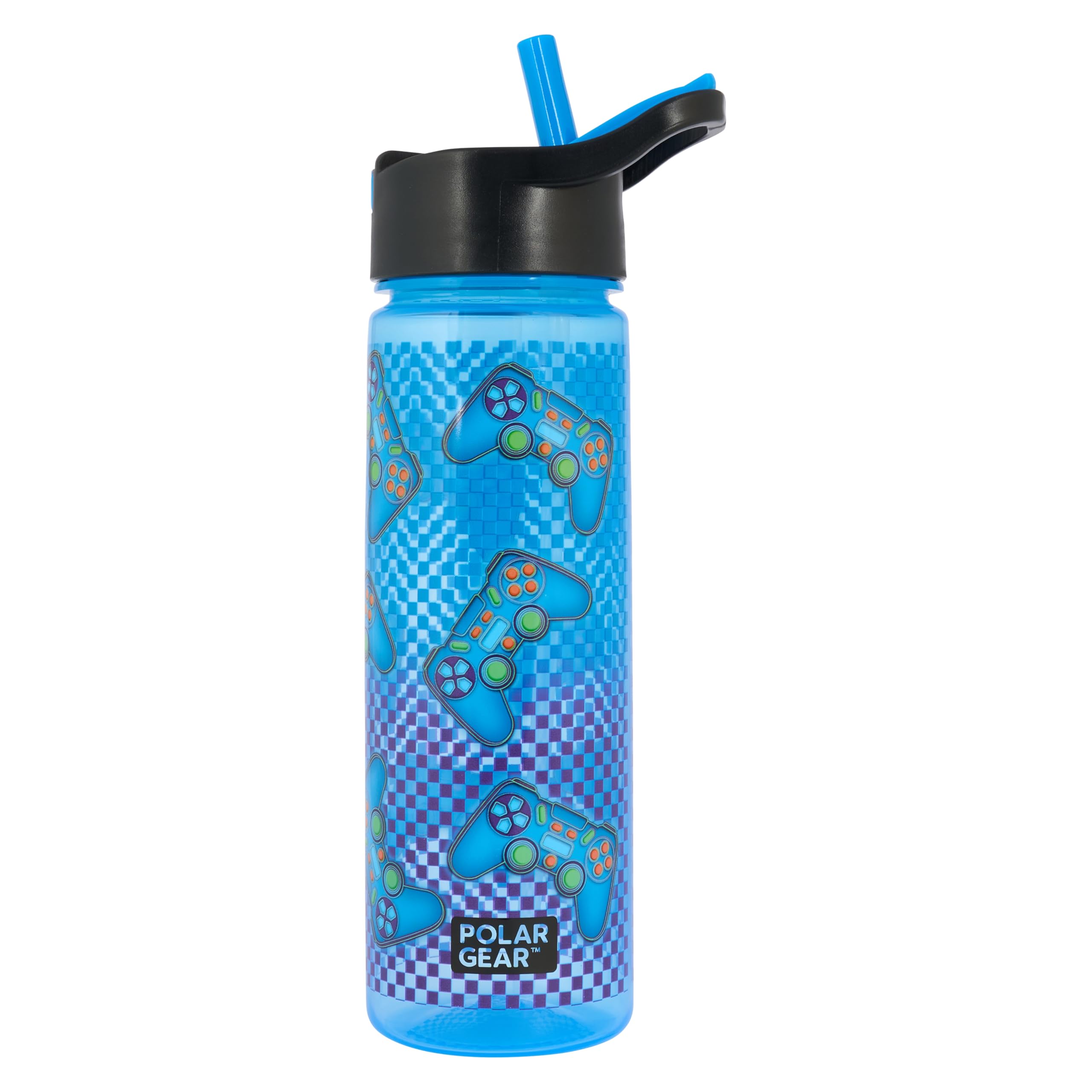 Polar Gear™ Gamer Water Bottle, Blue, 600ml, BPA Free, Flip-Up Straw with Carry Handle, Spill Proof, Gaming Controller Design