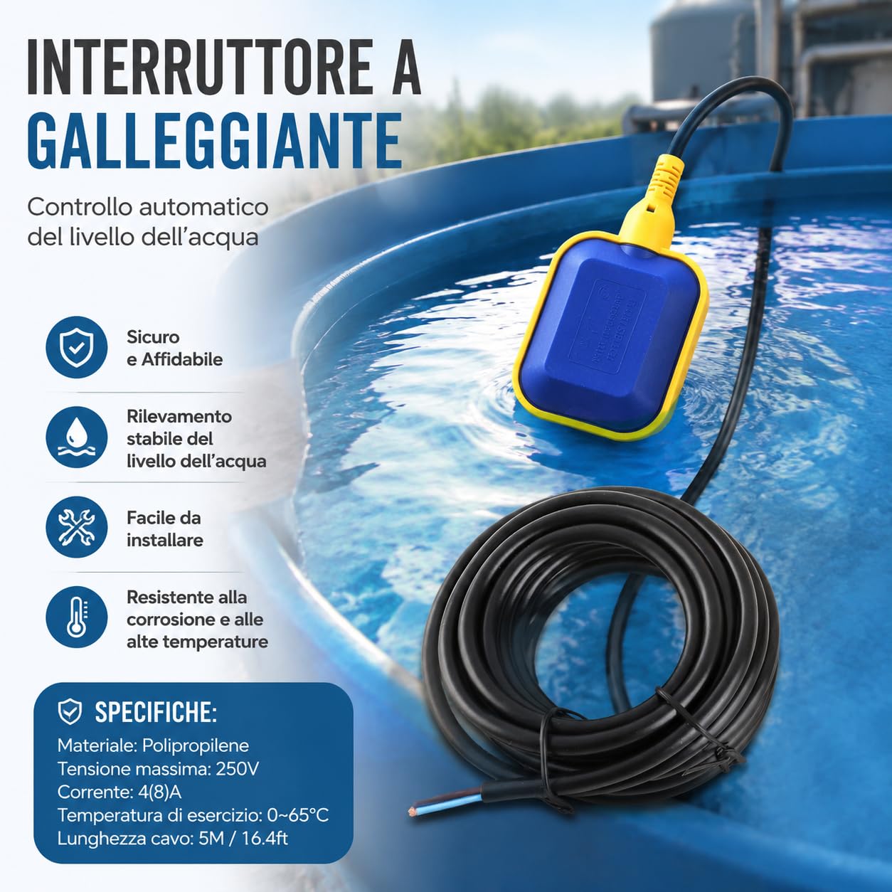 Ausla Interruttore a galleggiante con cavo da 5 metri, 220V 15(8) A, Controllo automatico pompe sommerse, Sensore livello acqua per serbatoi e piscine
