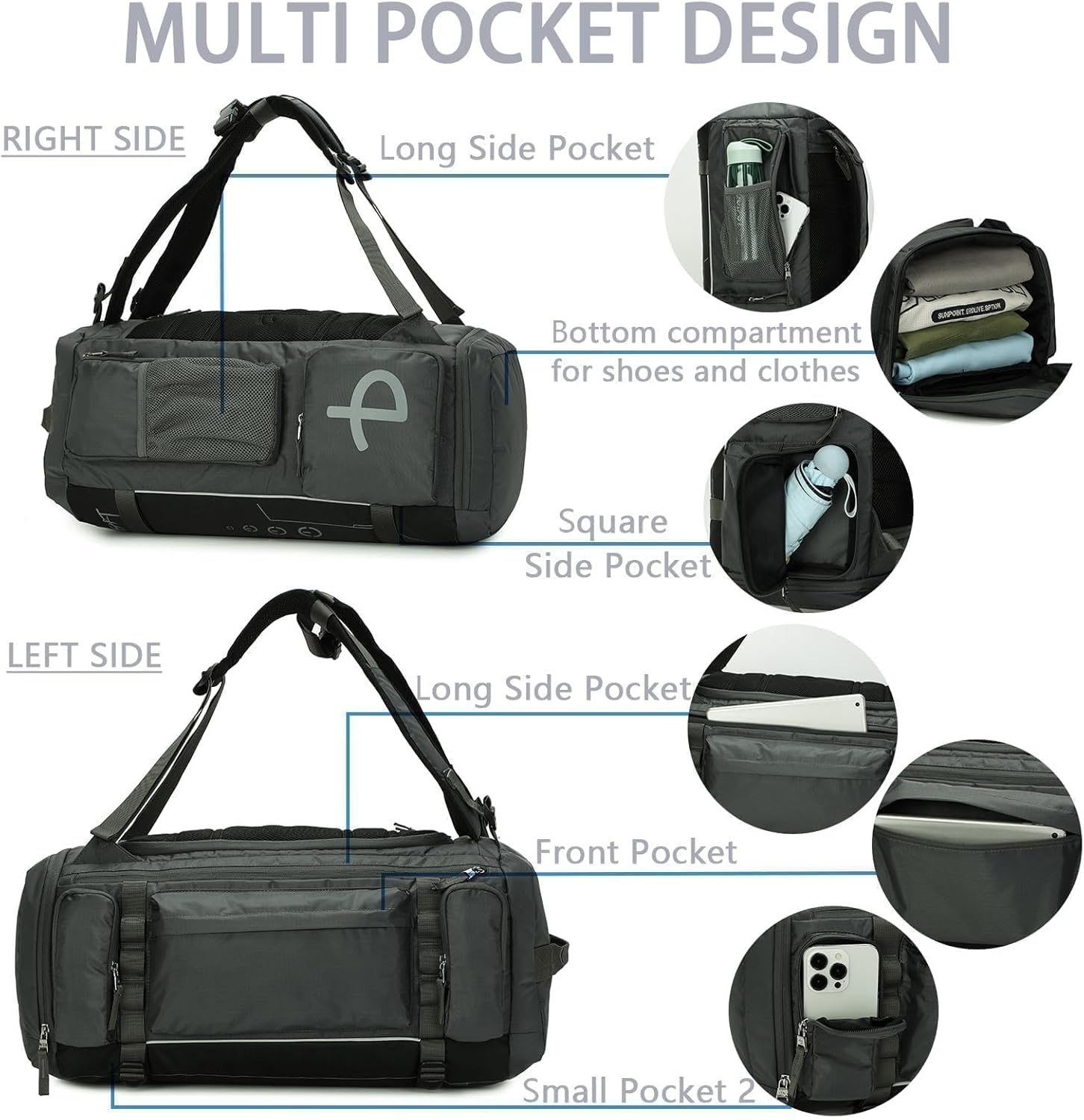 BESMART 2 in 1 Convertible Gym Duffel Bags with Shoes Compartment - 40L Waterproof Extra Large Workout Backpack for Gym Men, Heavy Duty Sports Duffle Backpacks for Travel, Hiking, Camping, Carry On - Image 3