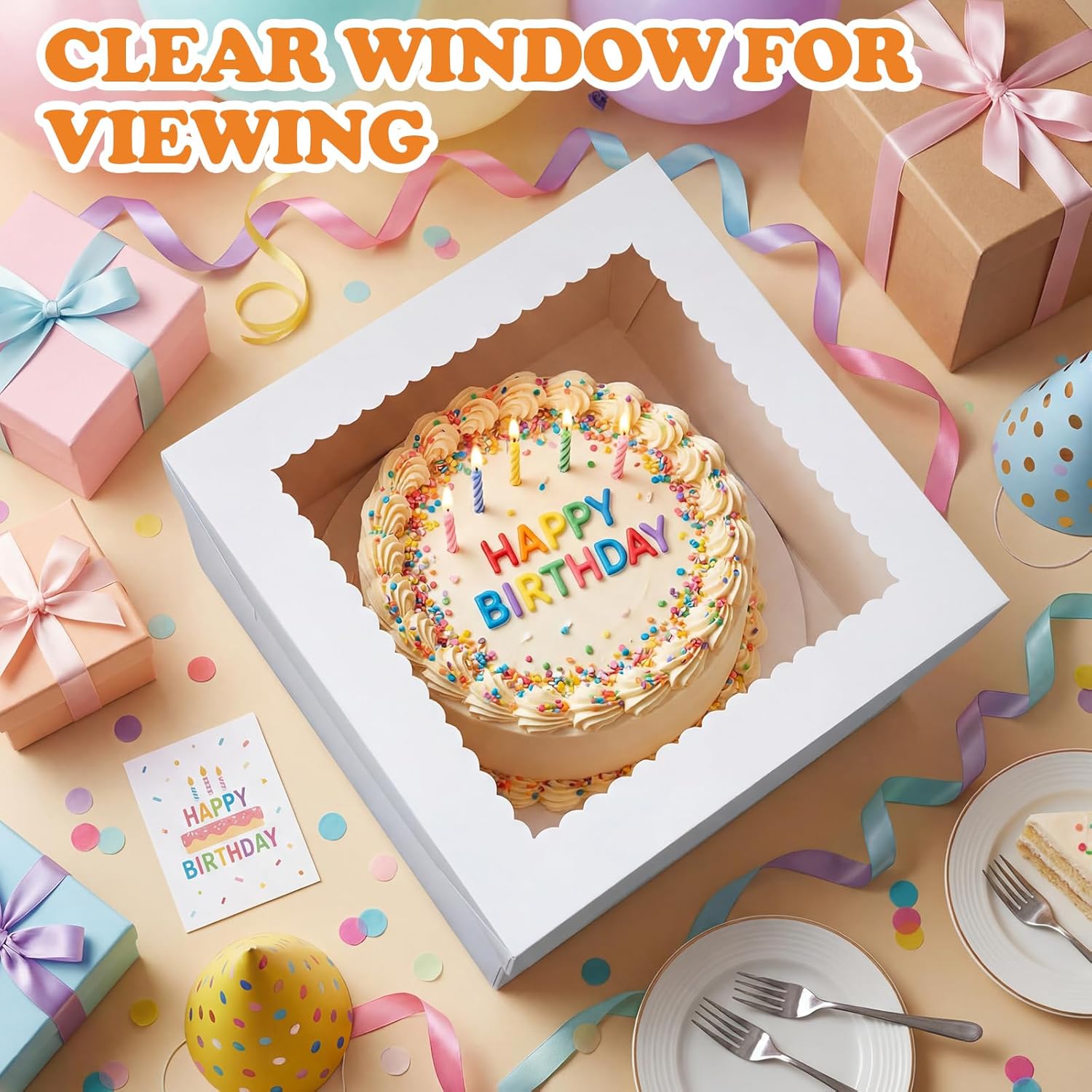 40 Pack Cake Boxes with Boards 12x12x8 Inches White Cake Containers Bakery Pie Pastry Cookie Boxes with Clear Window for Weddings, Birthdays & Gifting