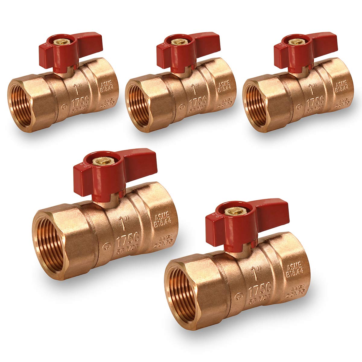Midline Valve R1FIP-5 Valvola a sfera in ottone di alta qualità, con maniglia in lega di alluminio rossa da 1 pollice, attacchi FIP (confezione da 5)