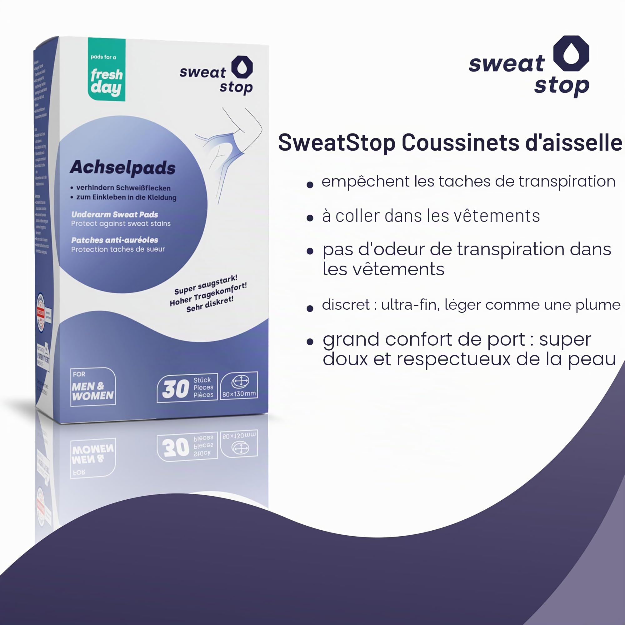SweatStop patches anti auréoles pour les aisselles contre les taches de sueur | auto-adhésifs, absorbants et discrets - Sécurité 24h