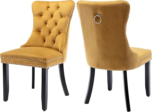 Miniatura 53 de Juego de 4 sillas de comedor de terciopelo, sillas de comedor tapizadas con ribete de cabeza de clavo, patas de madera, anillo de tracción, sillas