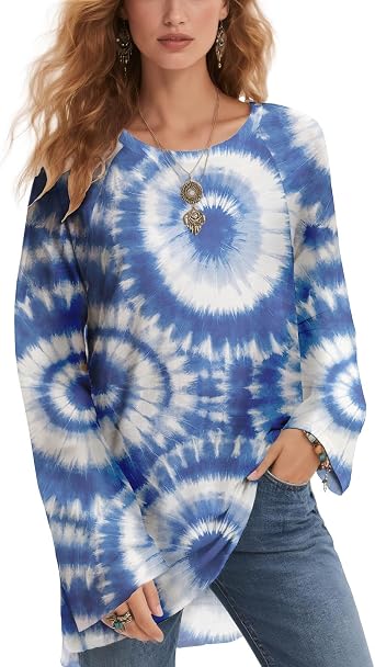 Womens Tie Dyed Style Colorful Shirts Long Sleeve Crewneck Fashion Top Casual Abstract Pattern Printed Blouses