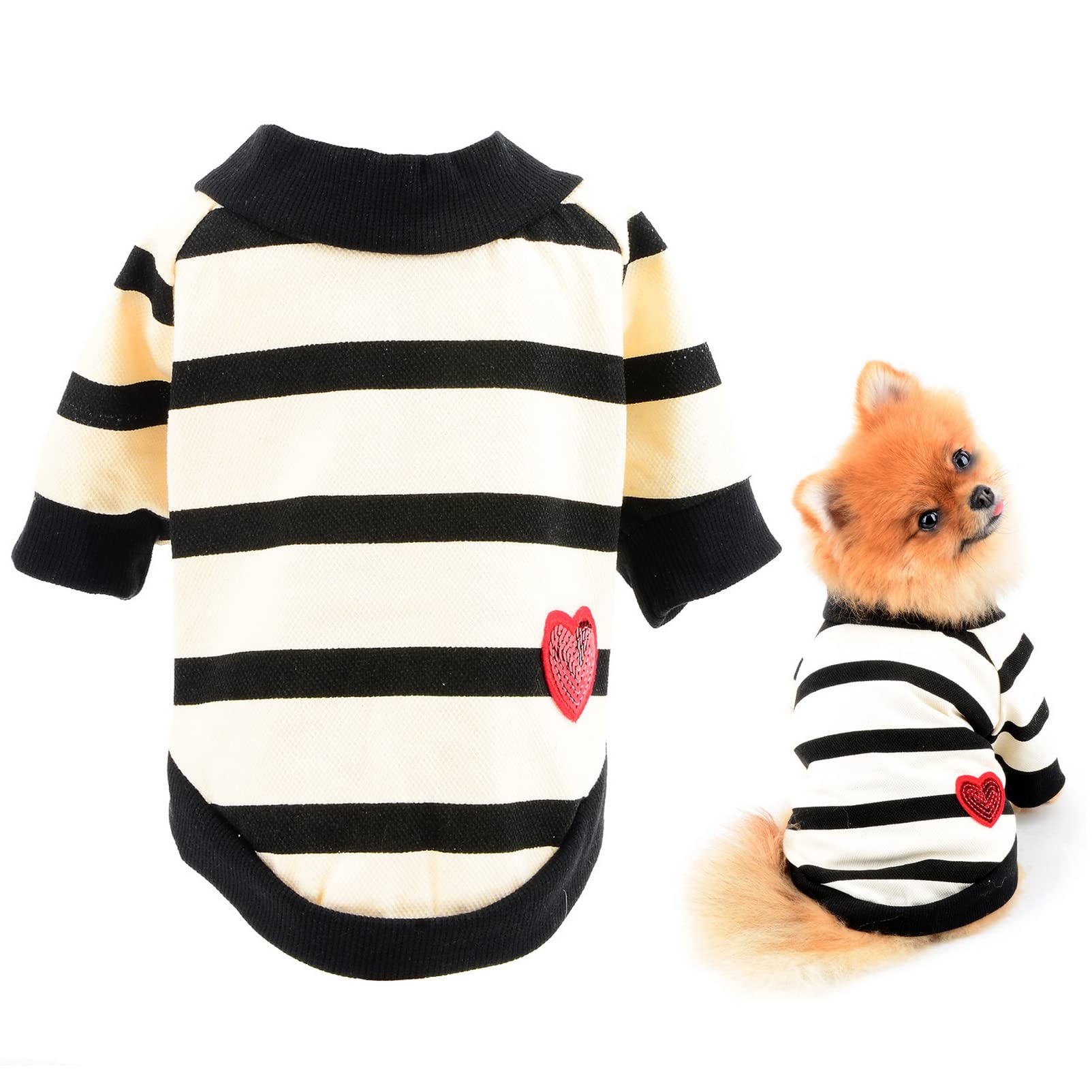 SMALLLEE_LUCKY_STORE Cotton Striped Shirt Puppy T-shirt Tee for Small Medium Dog Cat Boy Girl with Bling Red Heart Pet Summer Clothes Yorkie Chihuahua Apparel,Yellow,S — image 1