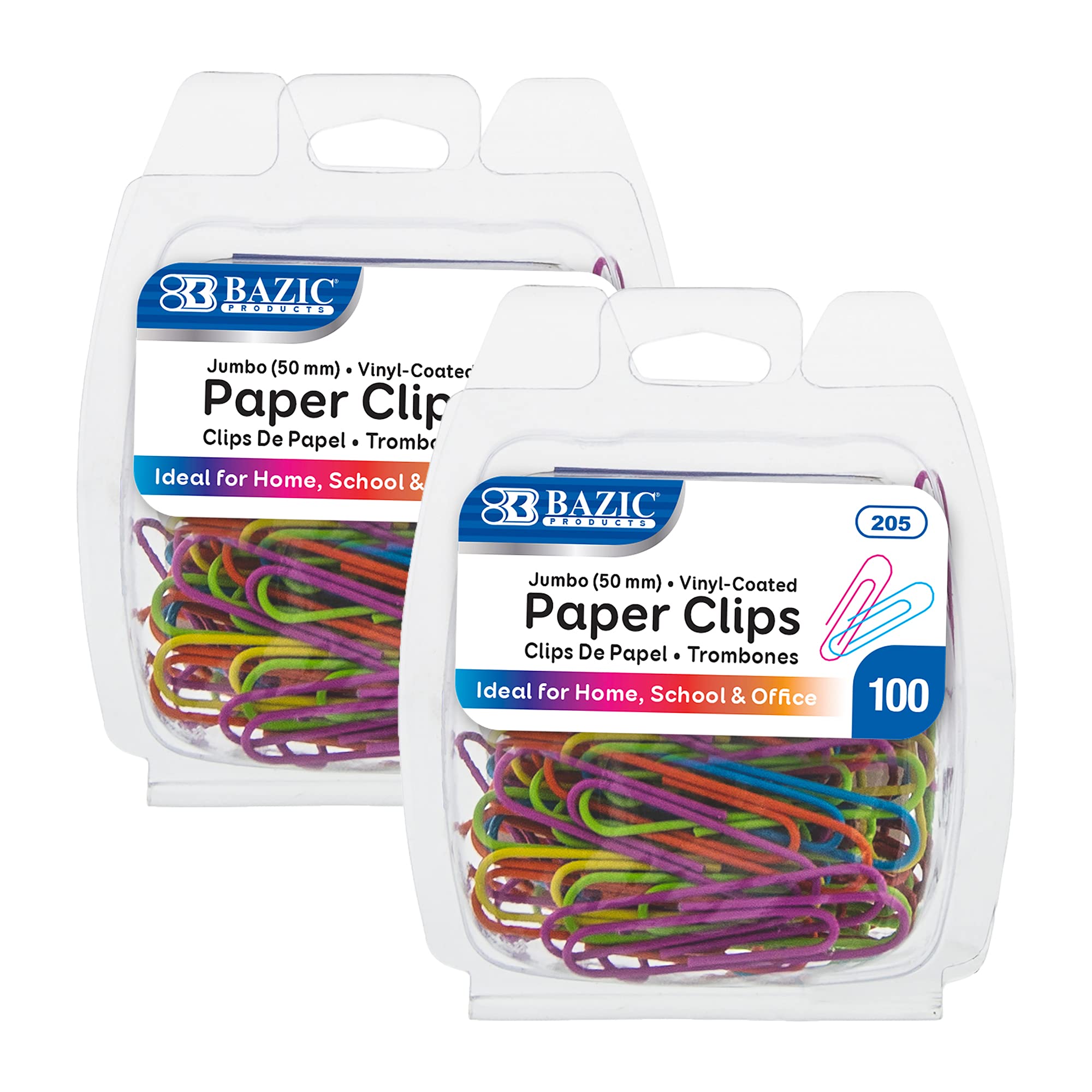 BAZIC Paper Clips Jumbo 50mm, Assorted Color Coated Paper Clip, Large Medium Paperclips Colored Document Clamp for Office School (100/Pack), 2-Packs