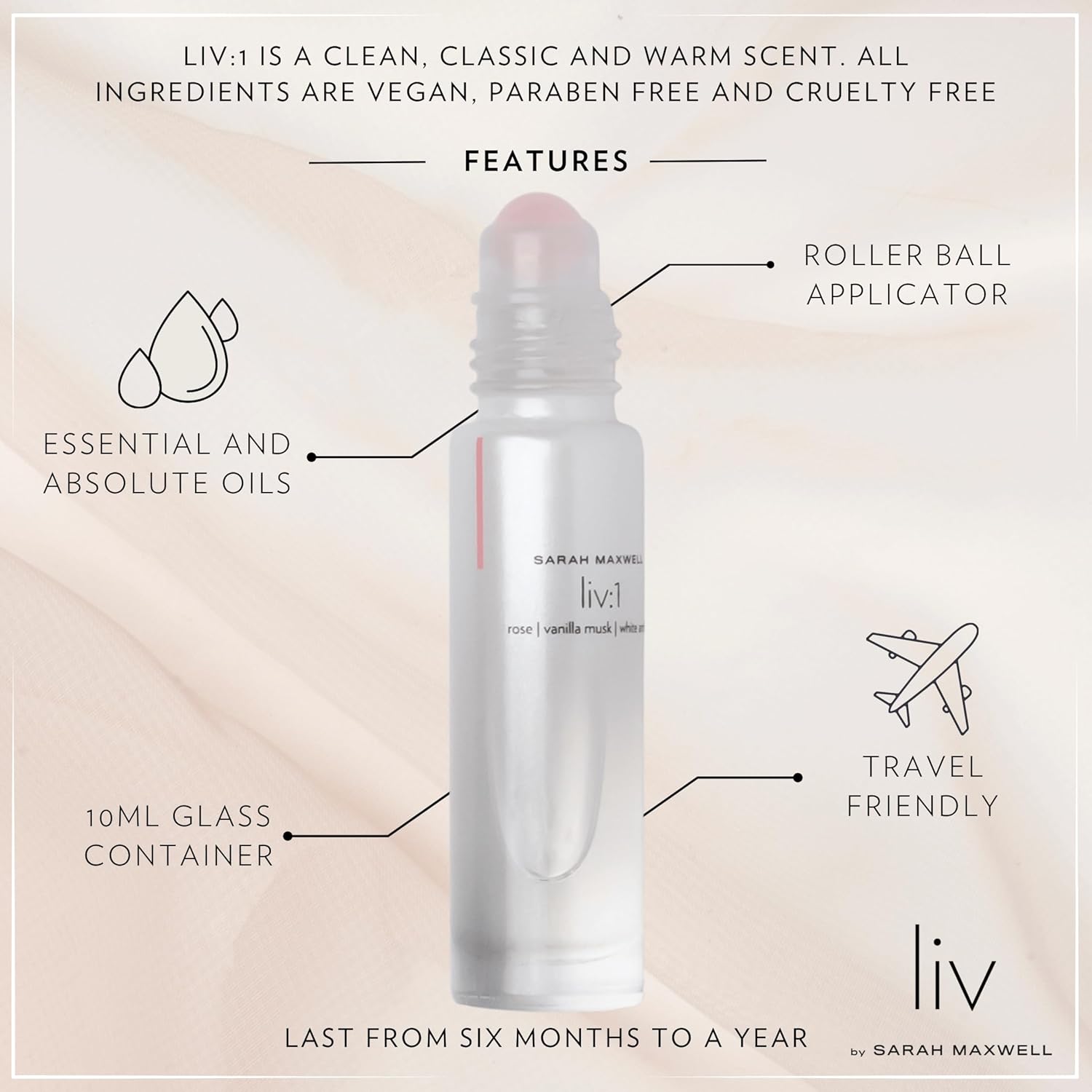 Sarah Maxwell Beauty LIV:1 Luxury Perfumed Oil for Women | Gift for Her - 10ml Roll On Fragrance Oil with Gem Rollerball Applicator. Clean, Classic & Warm Scent. Vegan, Paraben Free & Cruelty Free.