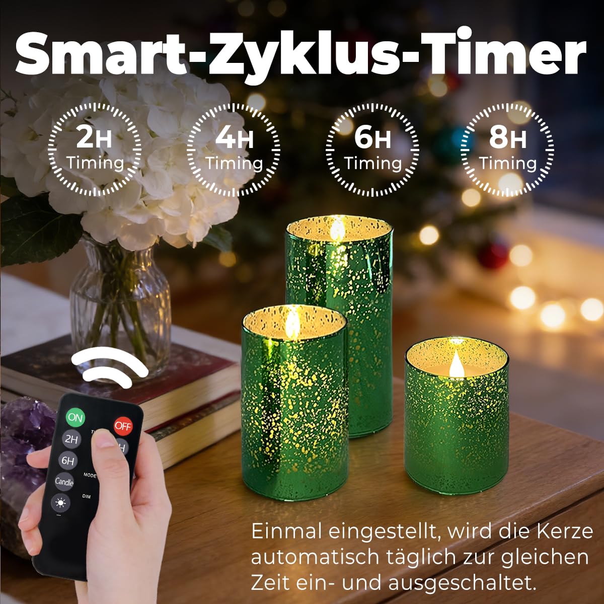 Candele a LED con funzione timer e telecomando, candele in vera cera ricaricabili USB, set da 3 pezzi, verde, fiamma tremolante, 55-100 ore, durata per Natale, camera da letto