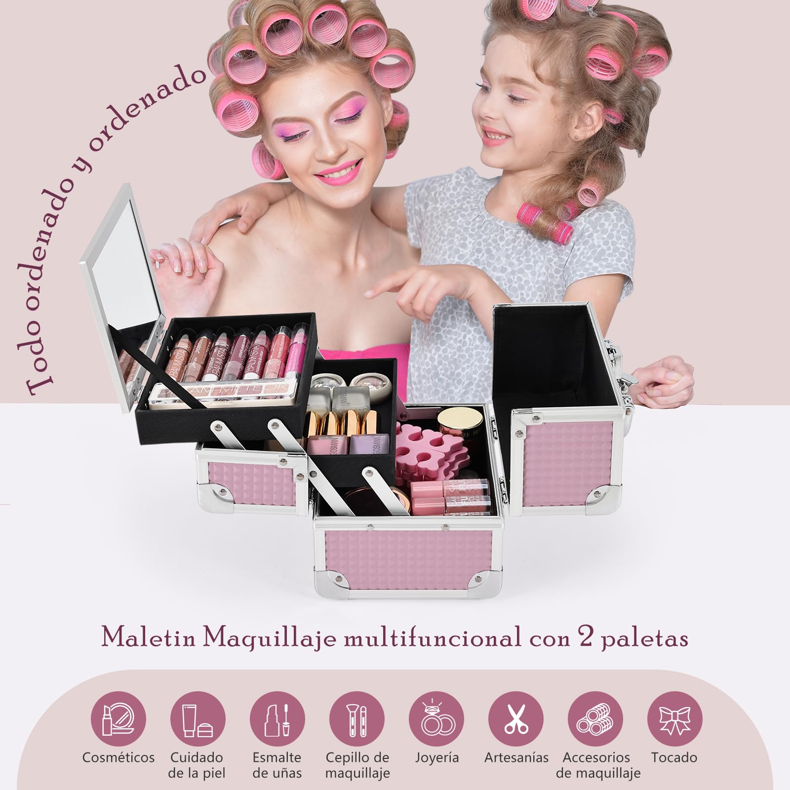 Maletín Maquillaje Rosa Estuche Maquillaje Caja Maquillaje Cosméticos Vacío Profesional con Espejo y Cerradura 19.5x15x16cm Regalos para Mujeres,Rosa