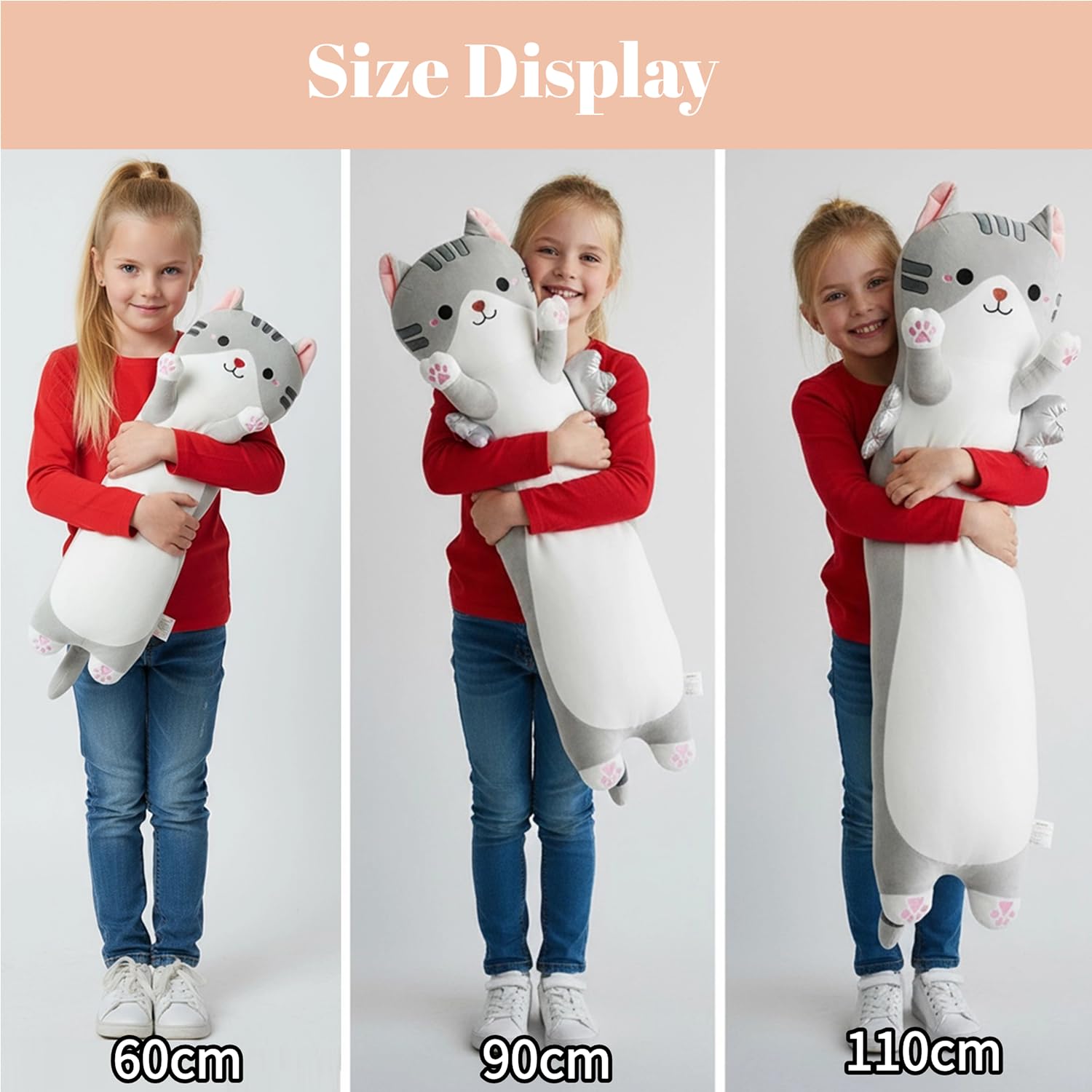 Animali di peluche, cuscino lungo, XXL, con ali e gatti, morbido gatto Kawaii, grande peluche per bambini e adulti (grigio, 110 cm)