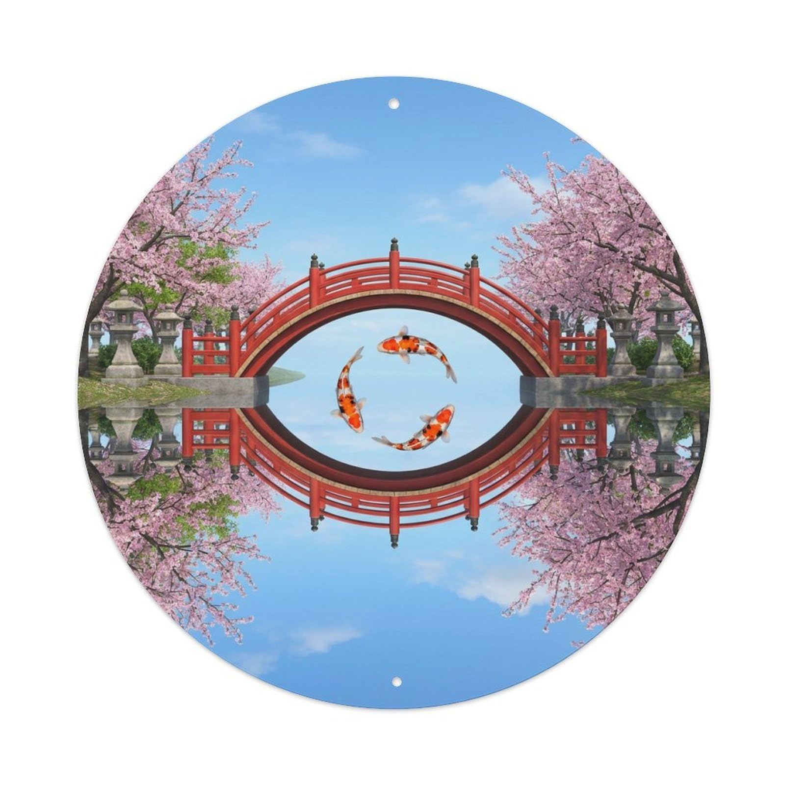 Galvaxio Style Japanese Koi Fish Red Bridge Circle Reflection Metal Tin Sign