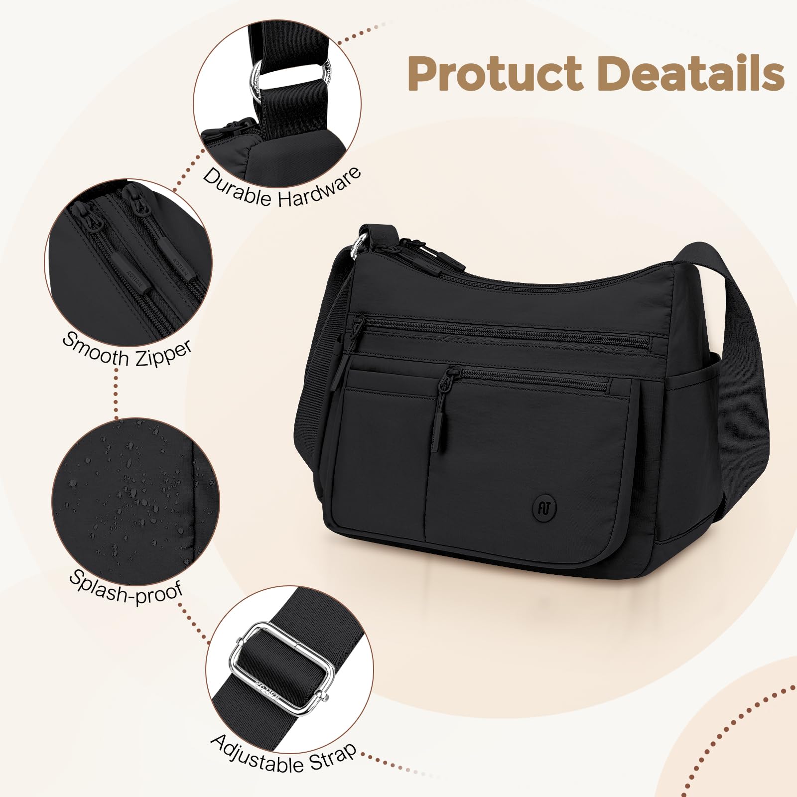 Grand Sac Bandoulière Femme, Sac à Main en Imperméable avec Multipoches, Messenger Bag Léger et Ajustable