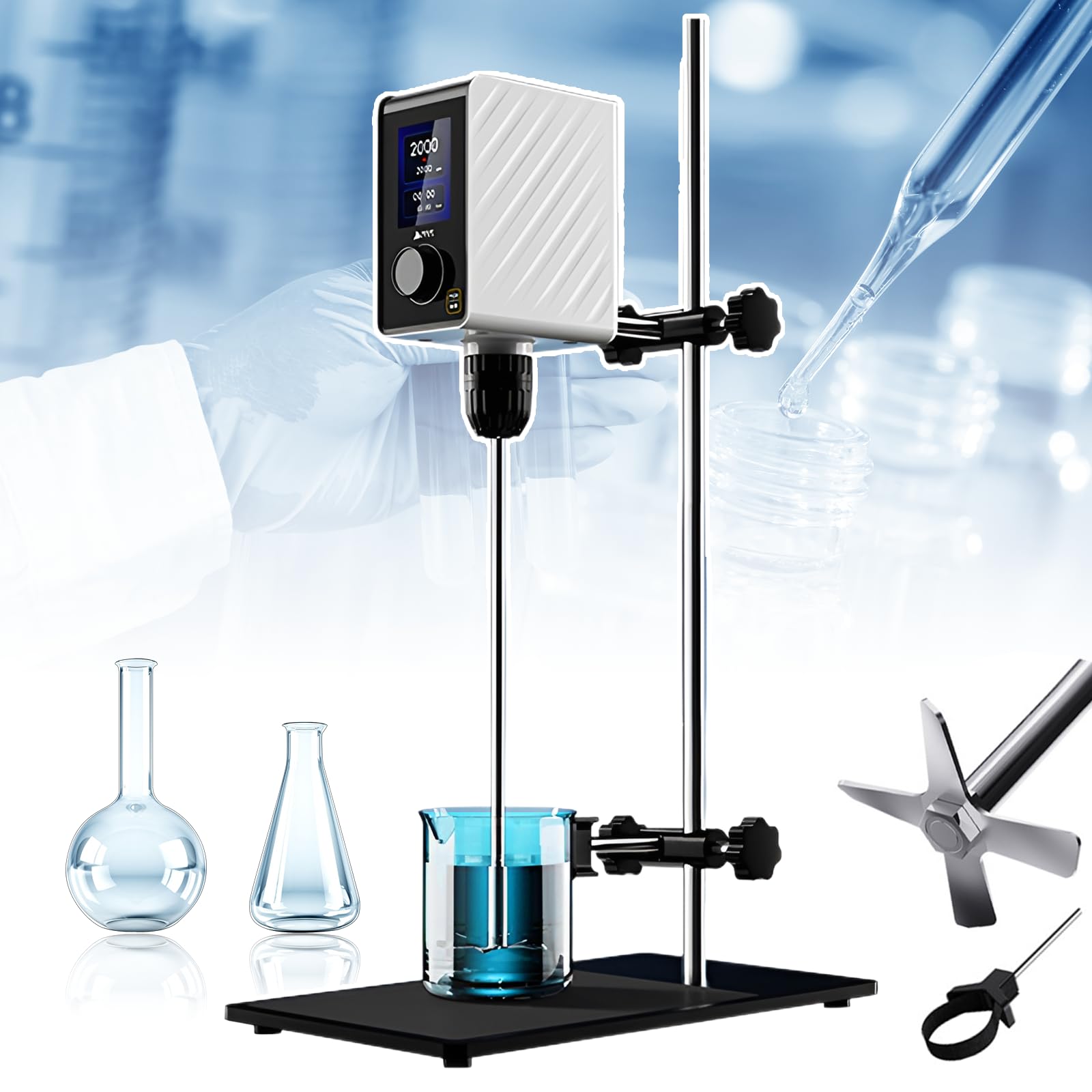 Elektryczne mieszadło napowietrzne do użytku laboratoryjnego, regulowana prędkość 100-2000 obr./min, timer 1-999 min, cyfrowy wyświetlacz LED, zawiera 2 mieszadła, mieszanie płynów do 60 l