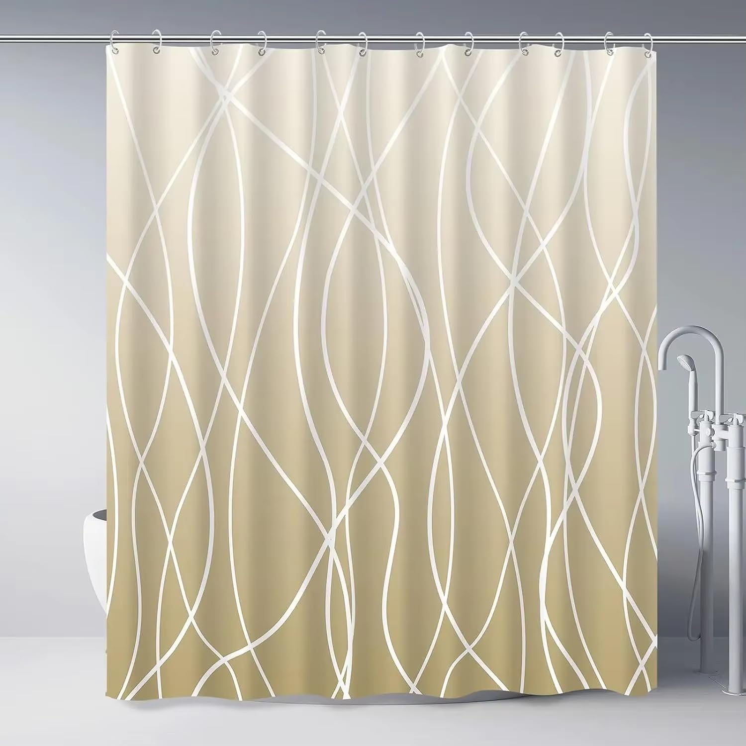 Rideau de douche à rayures ondulées dégradées noir blanc gris bleu en polyester 180x200cm