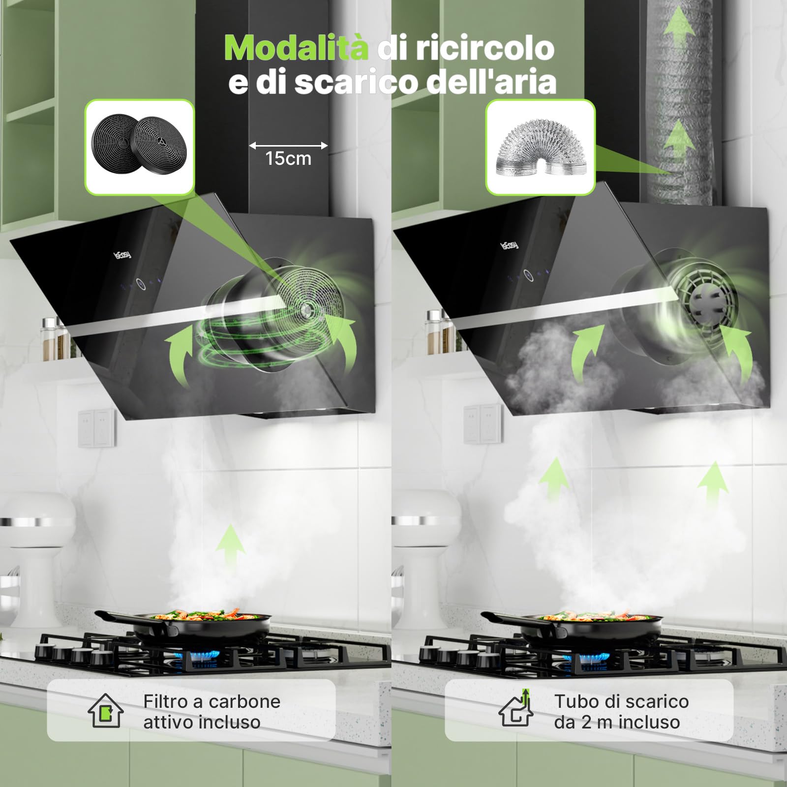 IsEasy Cappa Aspirante 90 cm con 578 m³/h Forte Potenza di Aspirazione, Cappa Cucina 90 cm di Scarico/Ricircolo, 4 Livelli di Regolazione, Ritardo 1-9 Minuti, 58 dB, Nero, Efficienza A++