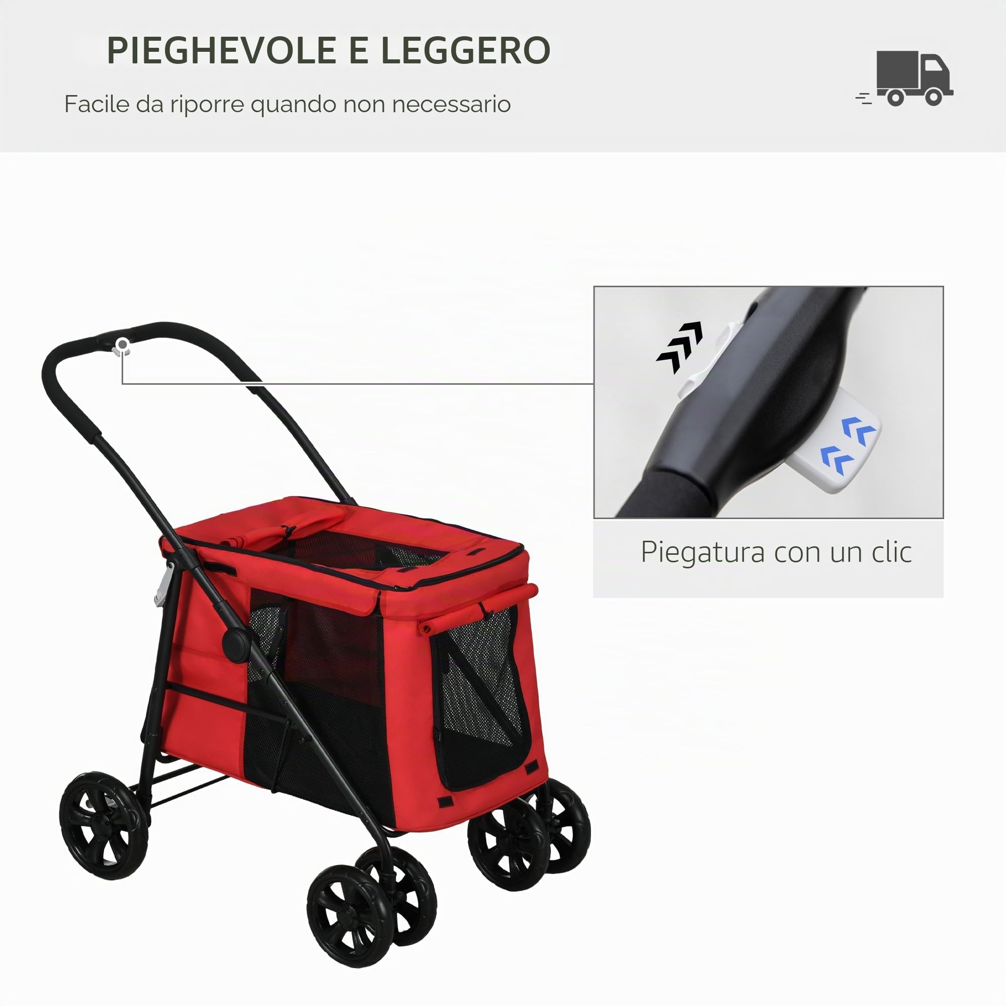 PawHut Carrozzina pieghevole per cani gatti cuscino incluso ruote con freno tessuto 600D Oxford acciaio 102 x 62 x 105 cm rosso
