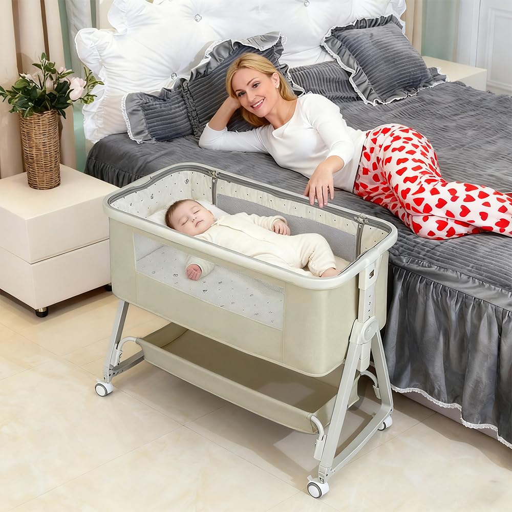 Supfine Berceau Cododo Lits bébé Lit Cododo 4 en 1 Hauteur Réglable Inclinaison Roues Beige