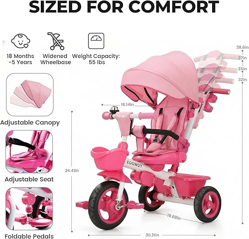 Miniatura 3 de Triciclo para bebé, triciclo 6 en 1 para niños con mango de empuje ajustable, toldo extraíble, arnés de seguridad para niños de 18 meses a 5 años