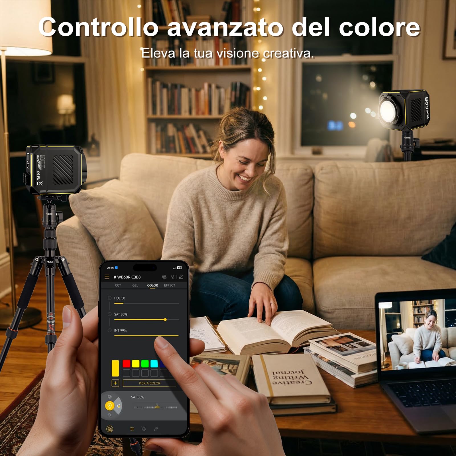 COLBOR 60W Luce Video LED con Batteria Integrata 59Wh, Lampada COB RGBW Portatile, 2700K-6500K Bi-Color, CRI 96+, Controllo App, Ricarica PD/DC, Illuminazione Professionale per Esterni e Studio