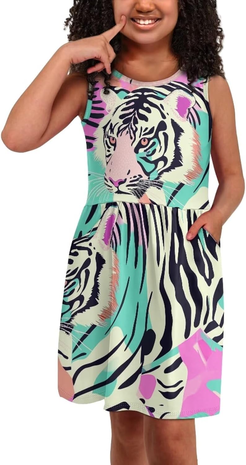 Cute Animal Dress for Girls Sleeveless Loose Fit Summer Dresses with Pockets Swing Sundress