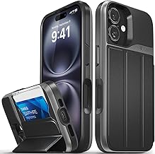 VENA vCommute Schutzhülle für iPhone 16, Militärqualität, Fallschutz, Lederhülle, Kartenhalter mit Ständer, Schwarz