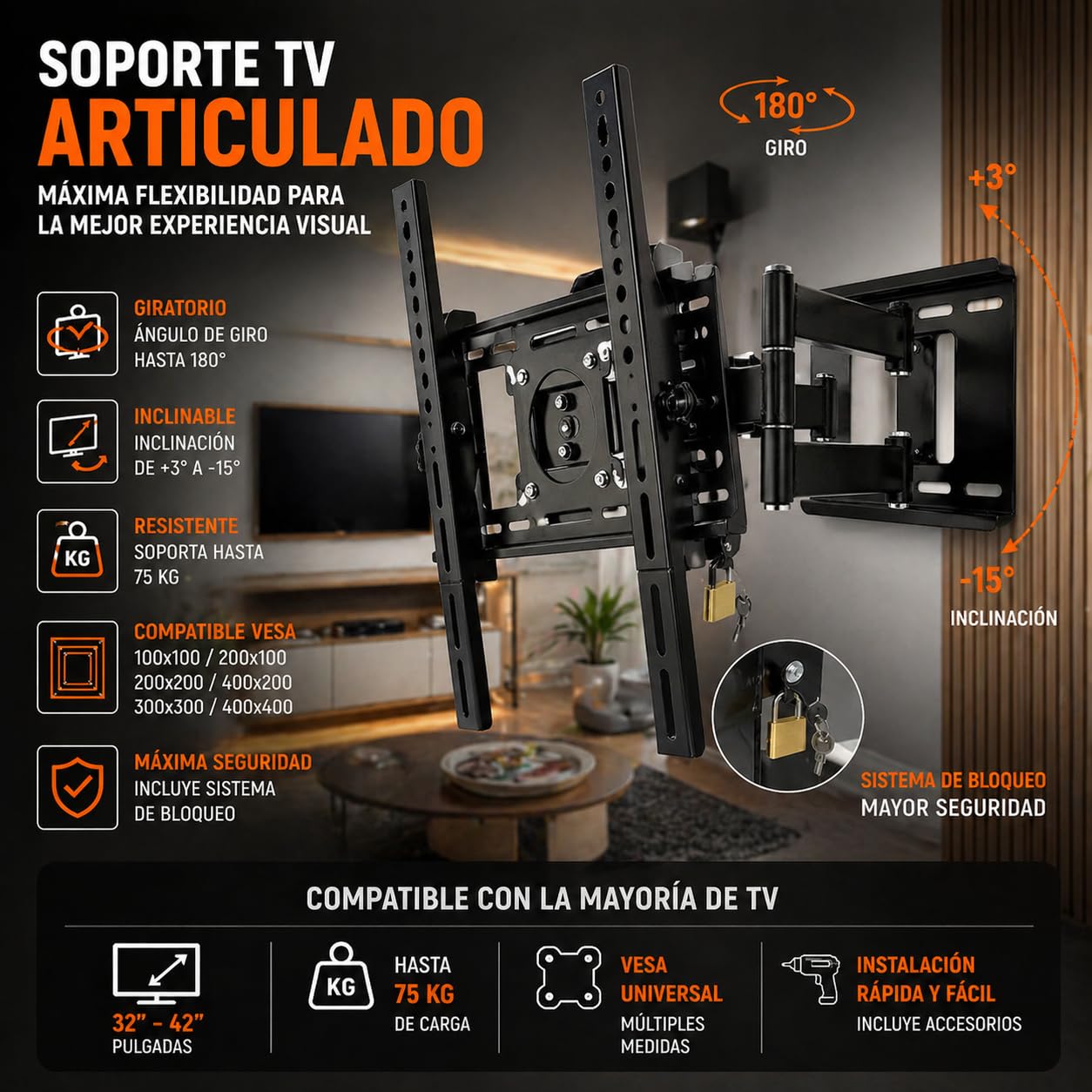 AXIL AC0564E Supporto da Parete TV Orientabile Antifurto per Schermi LED Fino a 42 Pollici VESA 400x300 Portata 75kg Kit Completo per Fissaggio Sicuro