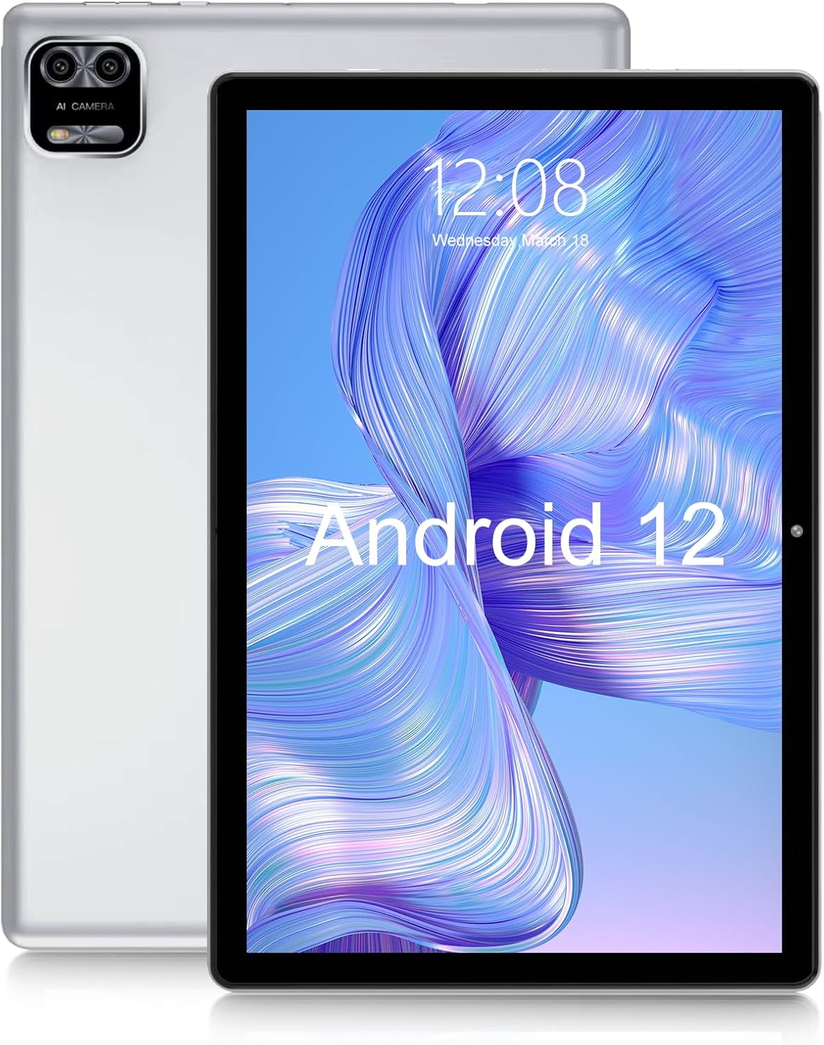 WeTap Android 12.0 Tablet 10 pollici Y10, 3GB RAM 64GB Storage, 2MP + 8MP Dual Camera, Quad-Core, 1280x800 | Wi-Fi | Bluetooth | 6000mAh | Google GMS Certified | Argento