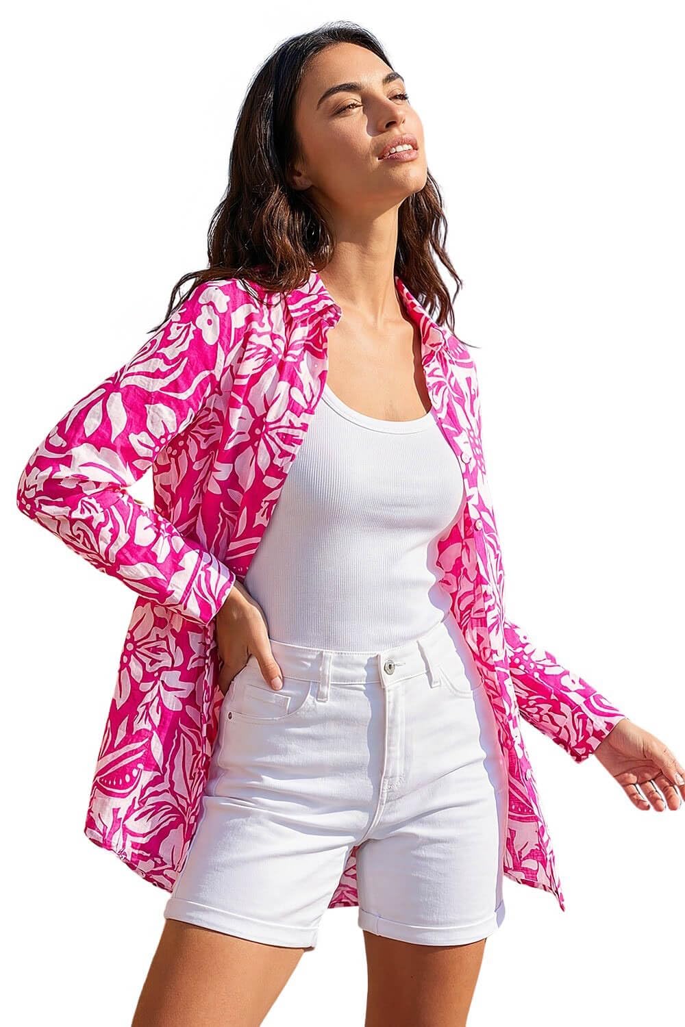 Roman Women's Cerise Floral Print Longline Cotton Shirt Size 16