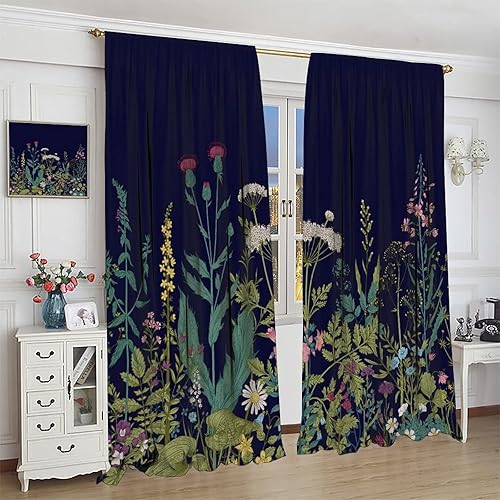 Miniatura 583 de Retro 70s Floral Blackout Window Curtains, Watercolor Flower Plant Rustic Modern Style Pattern Window Drapes, for Bedroom Living Room 42x45in 2