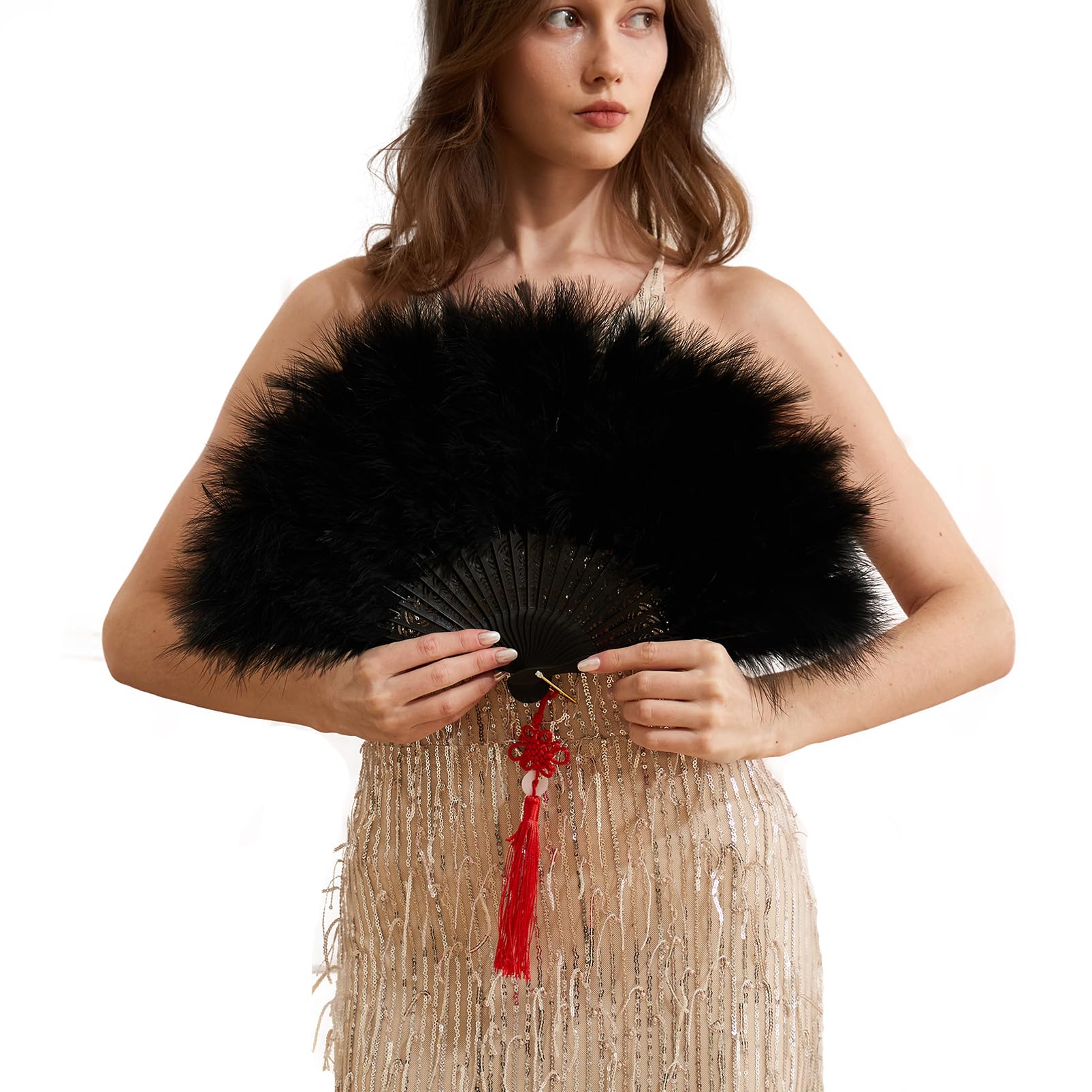 Happy Feather Handheld Marabou Feather Fan, 1920s Vintage Style Flapper Hand Fan for Costume Party and Dancing-Black