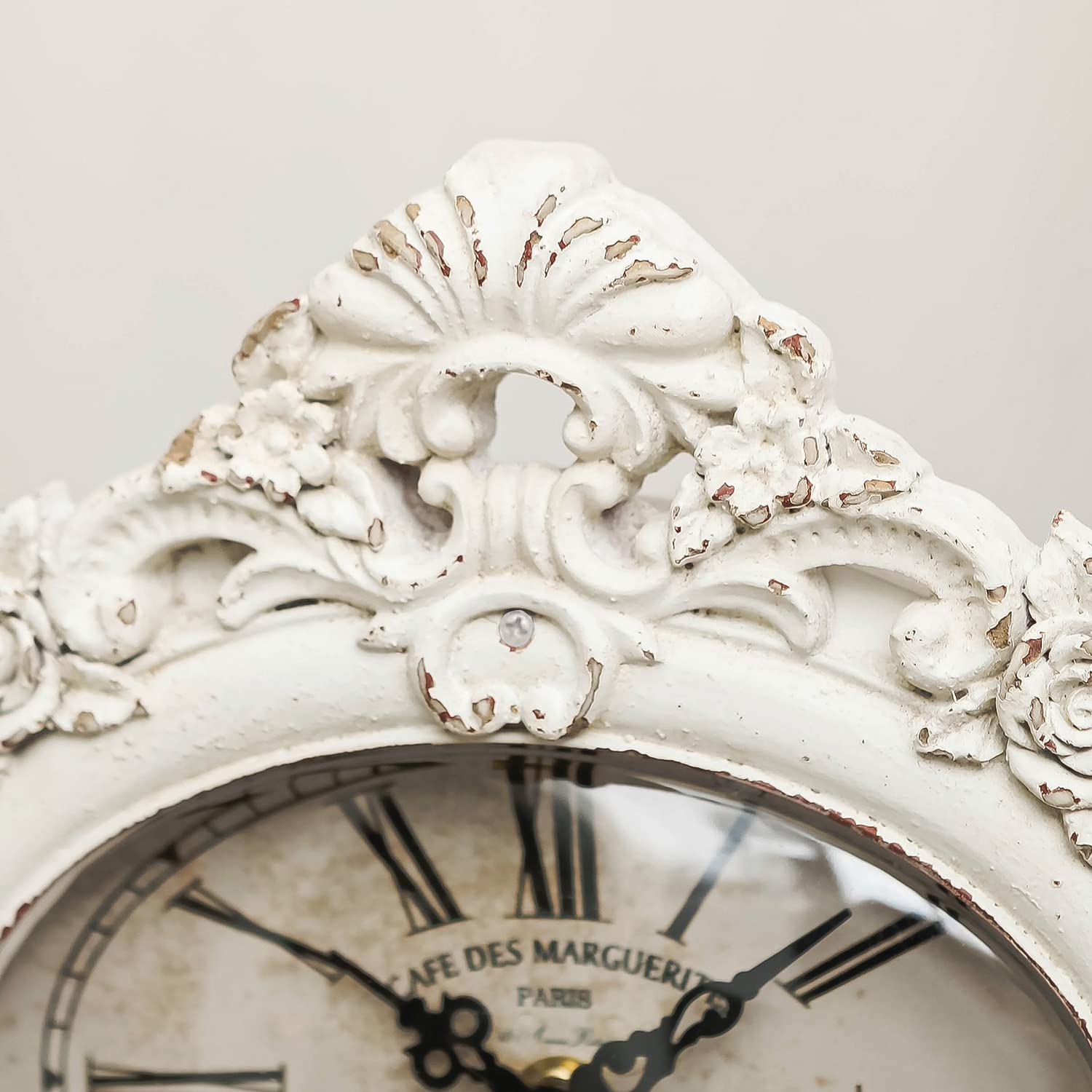 NIKKY HOME French Mantel Clock Silent Non-Ticking, Shelf Desk Top Wood Table Clock Battery Operated Vintage Rustic Design, Chic Home Decor for Desktop, Countertop, Distressed White