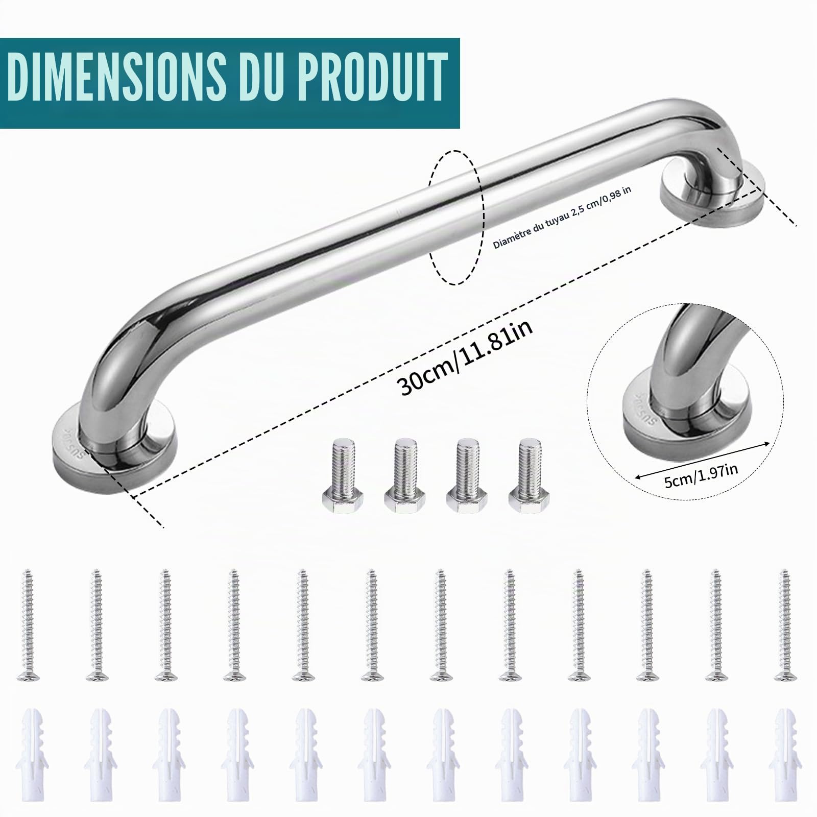 2 Pièces Barre d'appui WC, Barre d'appui pour Personnes âgées inoxydable 30 cm Main Courante Poignée de baignoire antidérapante pour Baignoire,Toilettes, Salle de Bain, Rampe d'escalier