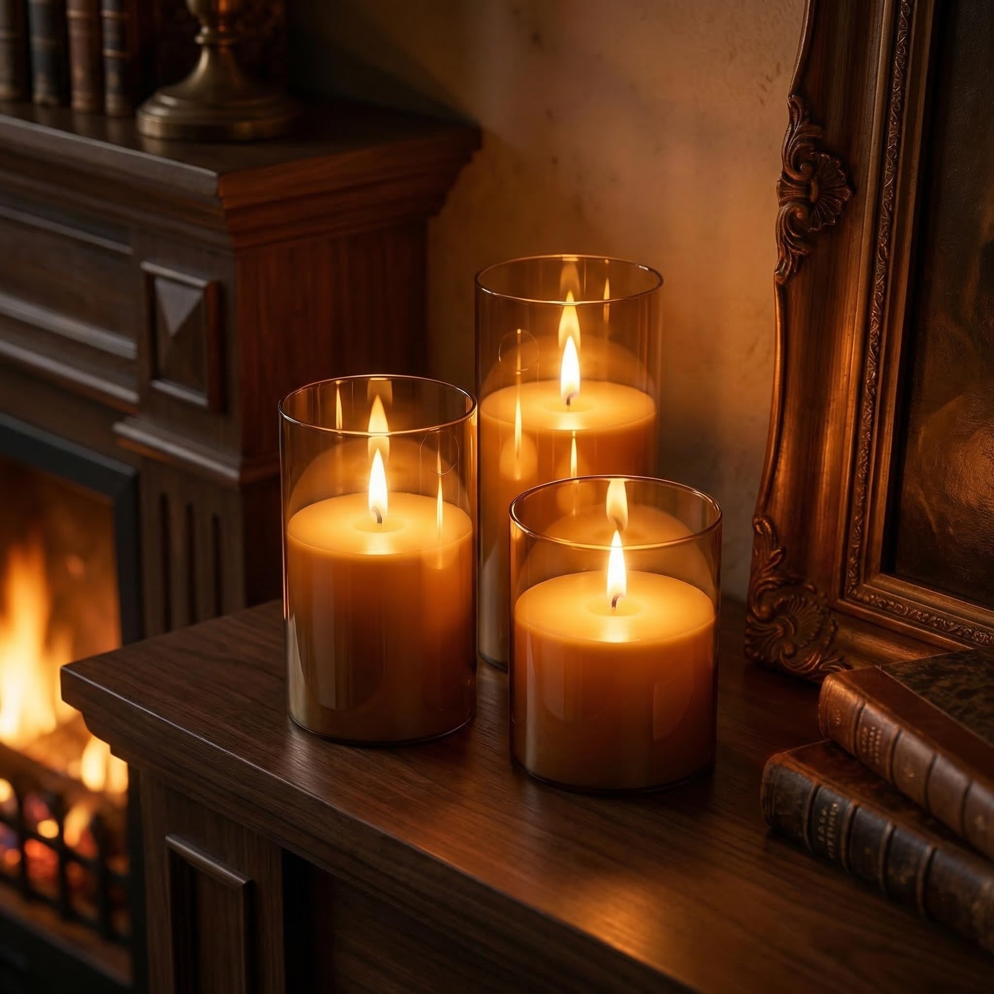 LED Kerzen mit Timerfunktion flackernde Flamme, elektrische Echtwachskerzen im Glas, 3-teilige flammenlose Kerzen-Set, led Stumpenkerzen mit Fernbedienung, Art u. Zimmer Deko, Grau, 15*7.5*7.5 cm