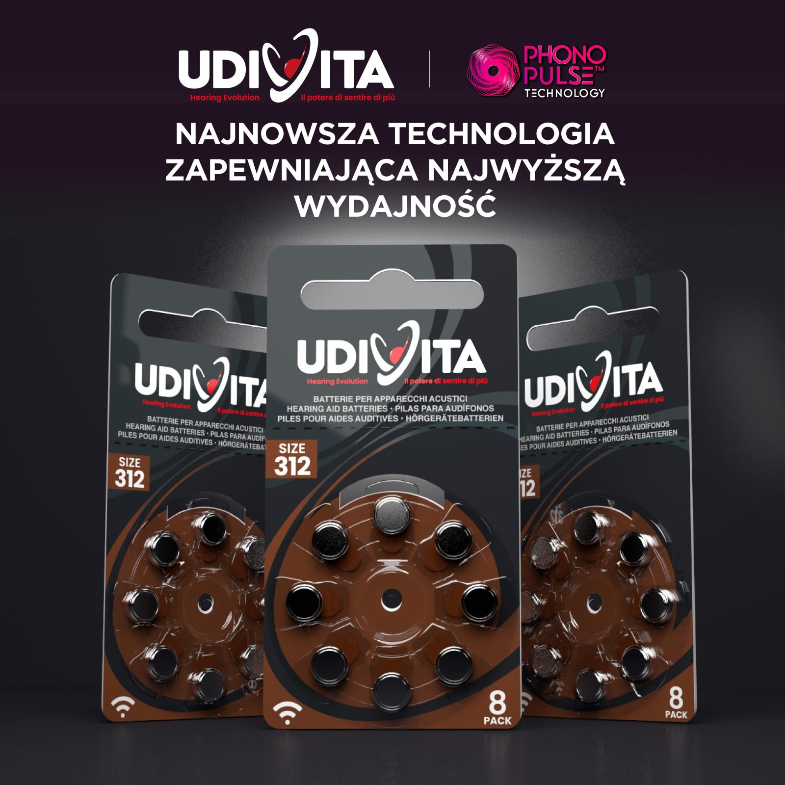 160 baterii do aparatów słuchowych Udivita rozmiar 312 (brązowy) PR41 z technologią Phono Pulse - 20 blistrów po 8 baterii