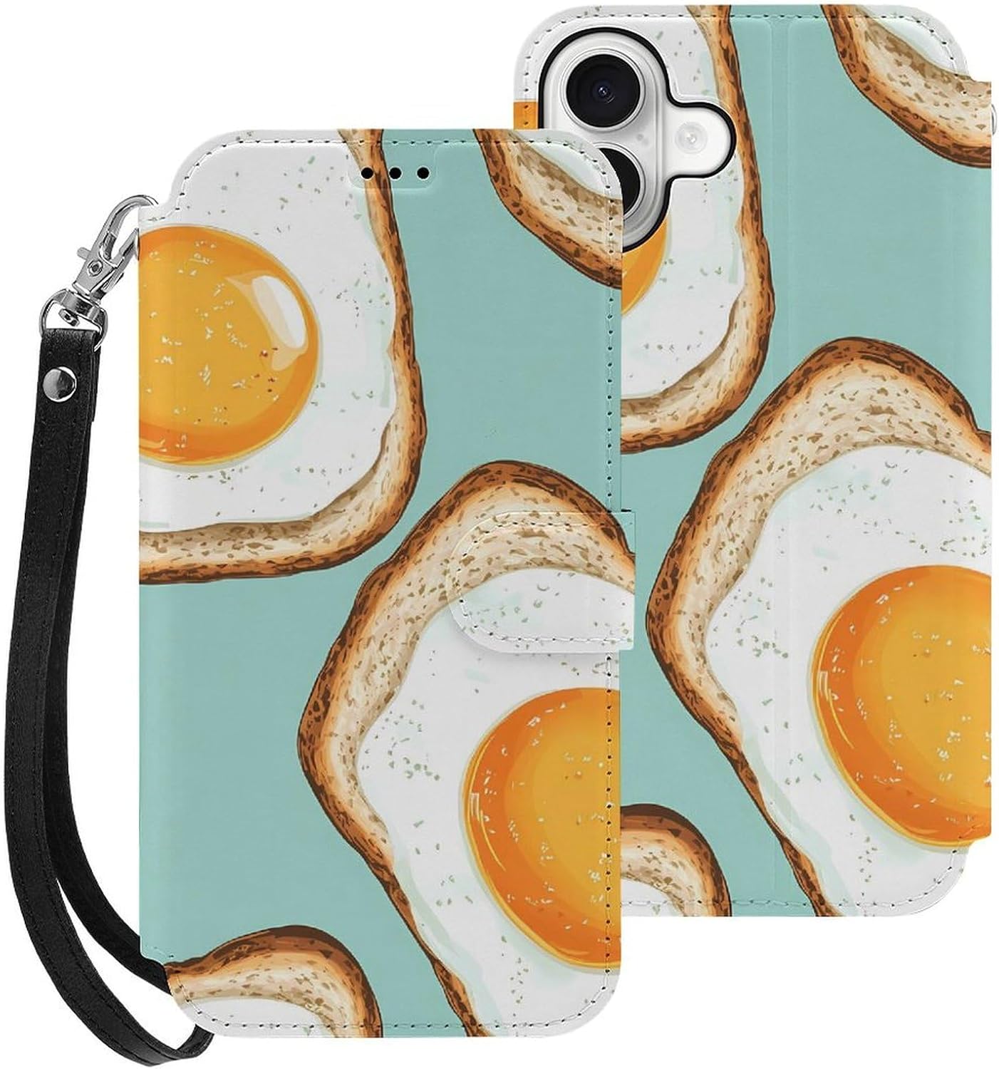 Fried Eggs and Bread Compatible with iPhone 16/16 Plus/16 Pro/16 Pro Max/16 E Case Phone Wallet Card Holder Flip Cover with Wrist Strap