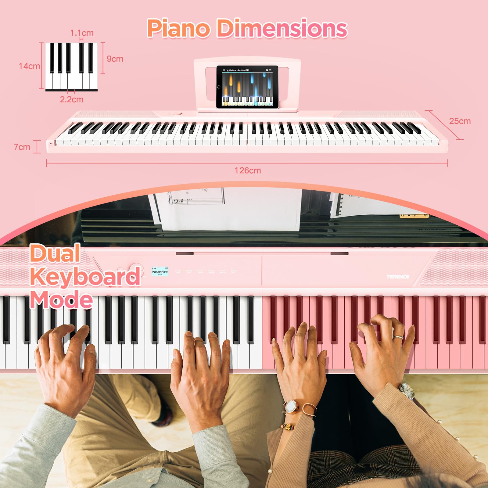 TERENCE Piano Electrico 88 Teclas Teclado Dinámico Pesado 2 Altavoces de 15W Panel Táctil Sensible Función de Grabación de Video y Audio Integrada Soporte para Auriculares y Altavoces Externos Rosa