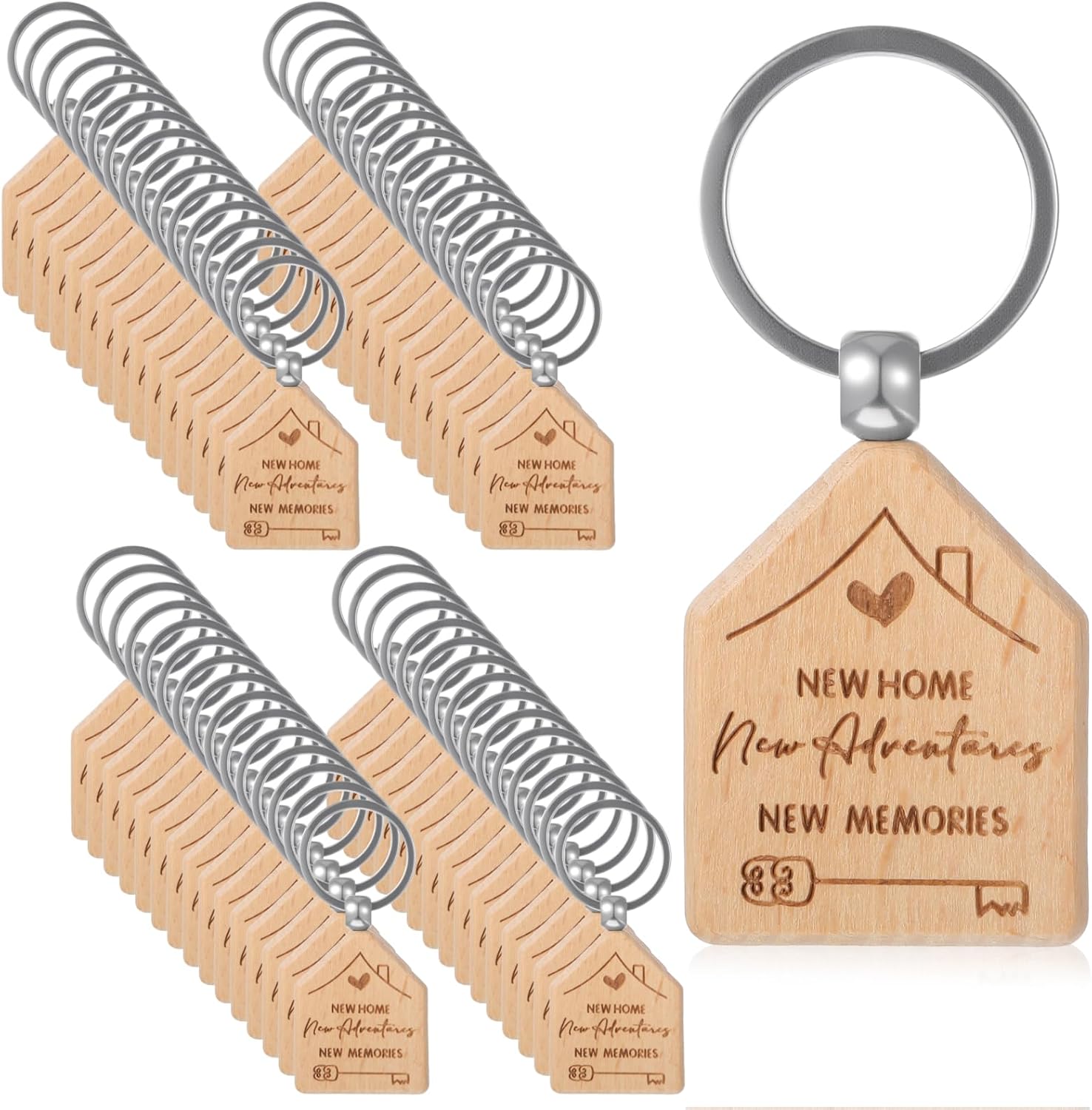 60 Pcs Welcome Home Keychain Bulk, New Homeowner Gifts - Engraved Wooden House Shaped Keychains with Key Rings for Real Estate Agents, Clients, Family, and Customers