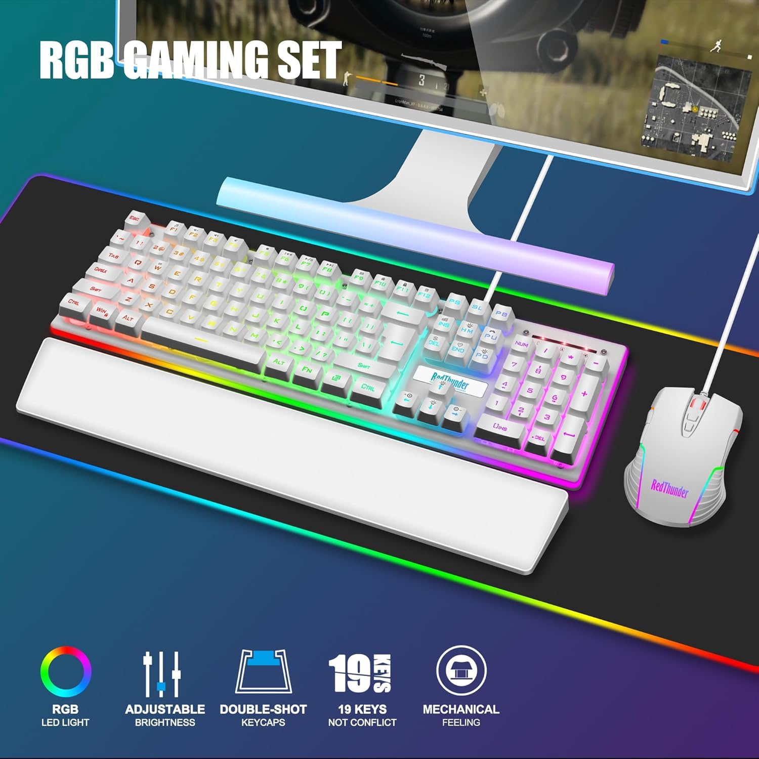 Set tastiera e mouse da gioco QWERTZ DE, K10 piastra in metallo e poggiapolsi, retroilluminazione RGB e 7D con ergonomico, per PC, Mac Gamer (bianco)